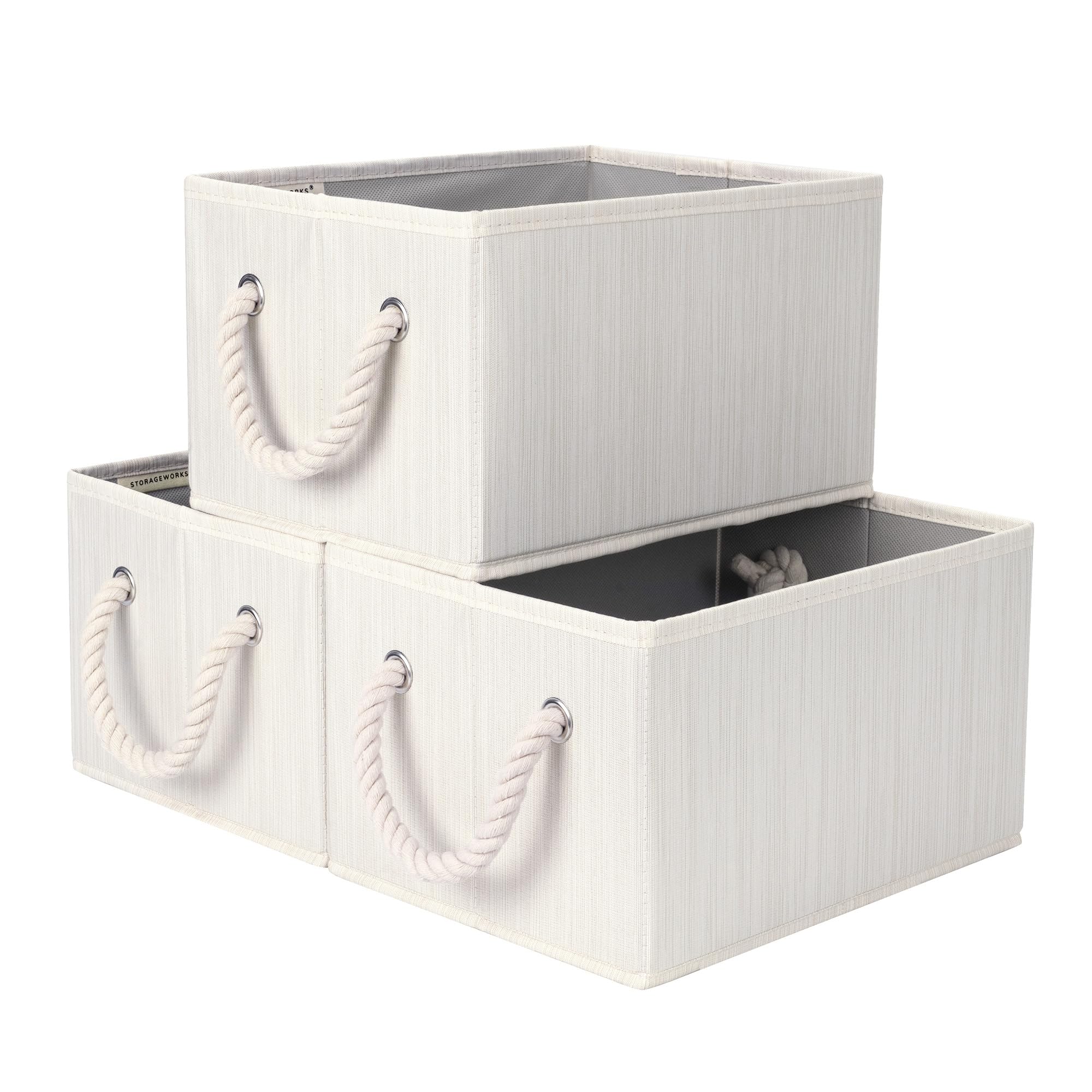 SroageWorks Storage Baskets for Shelves, Foldable Fabric Closet Storage Bins with Handles, Clothes Organizer Laundry Baskets, Beige, White & Ivory, 3-Pack, Small