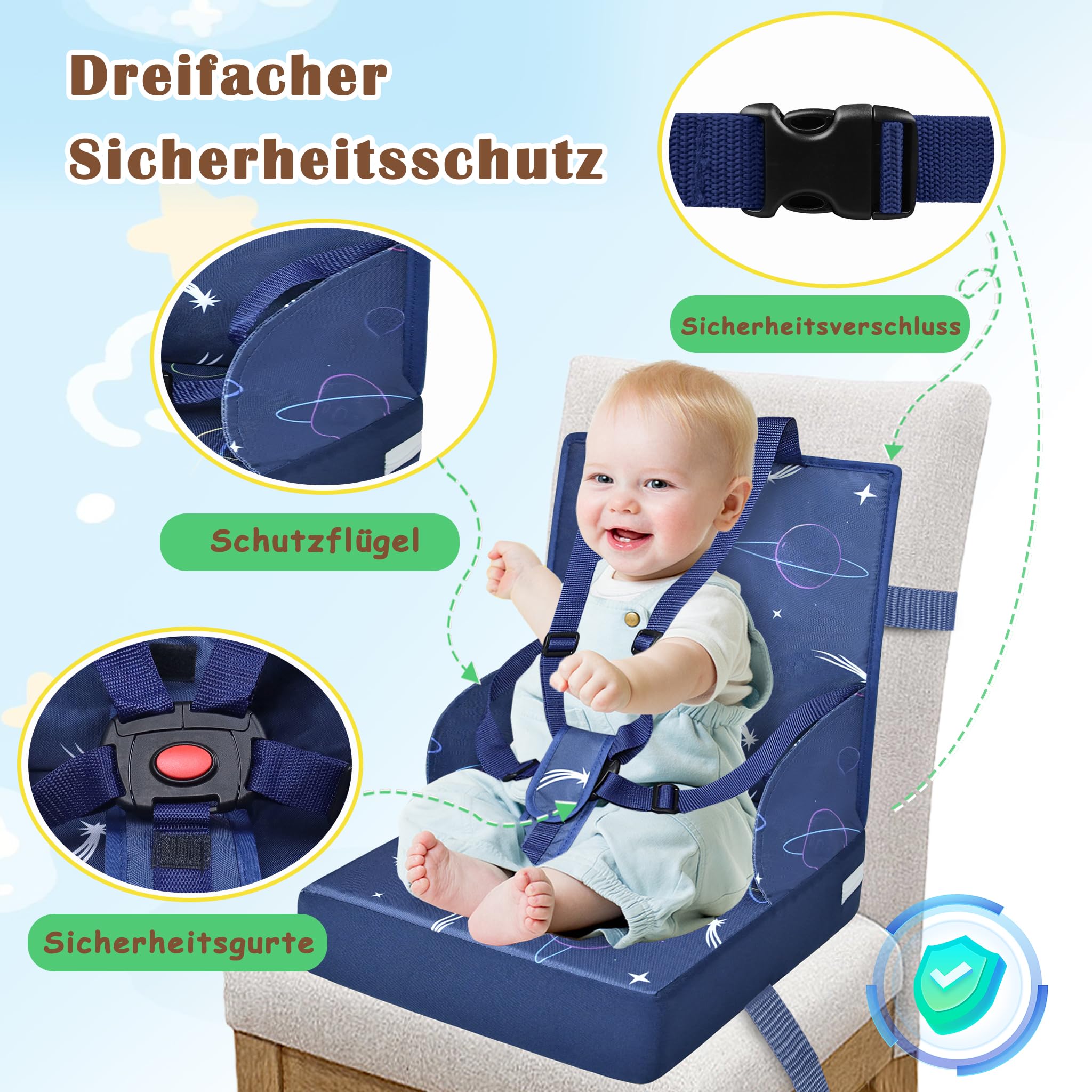 NAIZY Seggiolone rialzo per bambini, con schienale pieghevole e cintura di sicurezza a tre punti, spugne per rialzo della sedia, colore blu