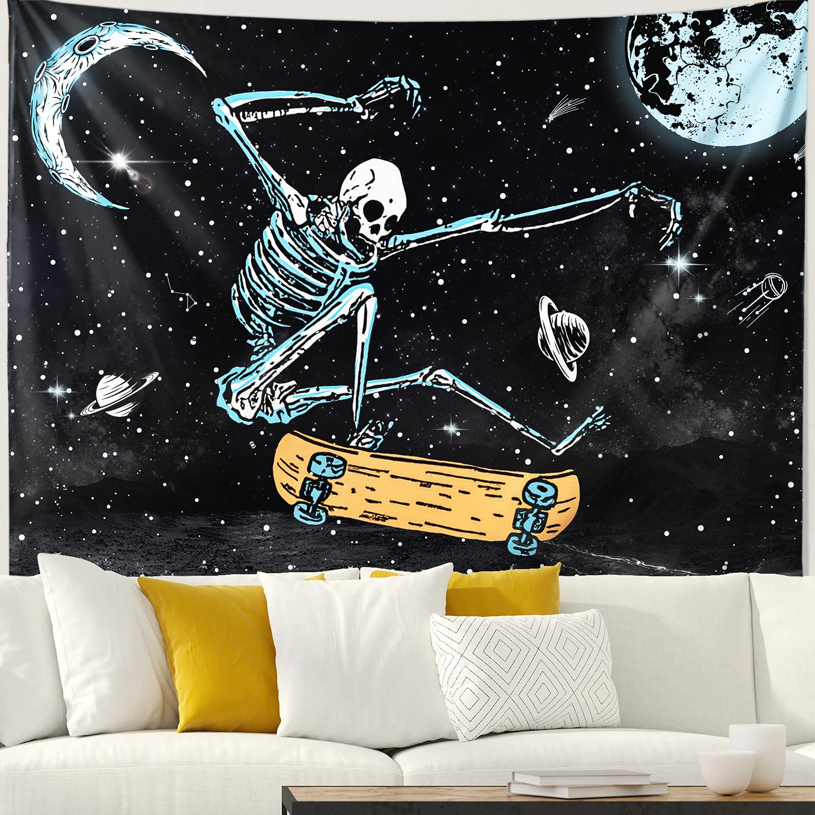 Skull Tapestry Funny Skeleton Skateboard Tapestry Black And White Tapestries Moon And Stars Tapestry Aesthetics Tapestry Wall Hanging For Room Decor Tapestry 60*51inch