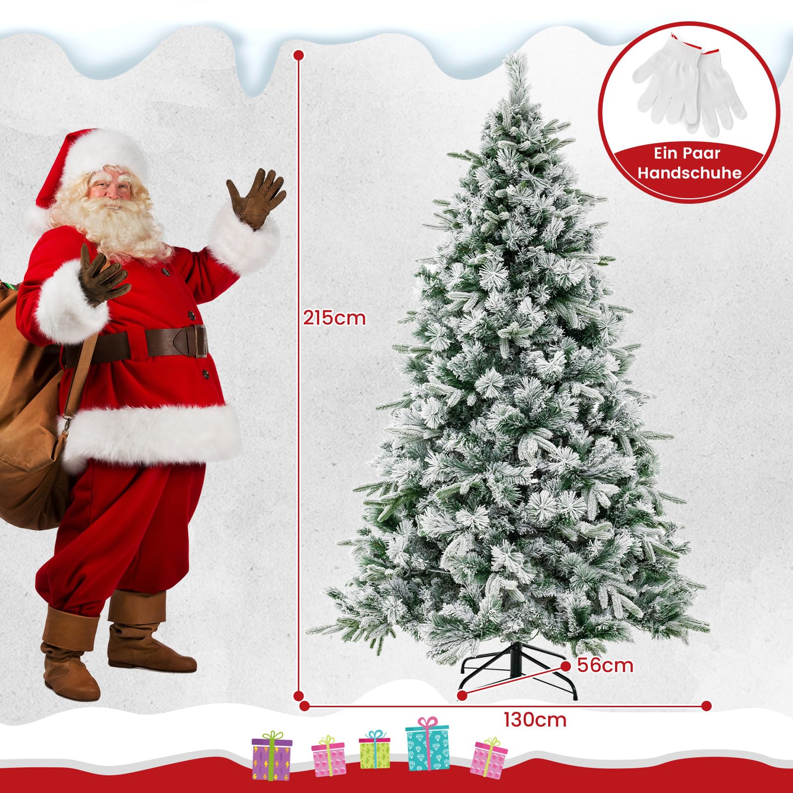 COSTWAY 210 cm Künstlicher Weihnachtsbaum mit Schnee und Beleuchtung, Tannenbaum mit 300 Warmweißen LED-Lichtern, 1096 gemischten Zweigspitzen, Christbaum, Kunstbaum Weihnachten für Zuhause, Grün