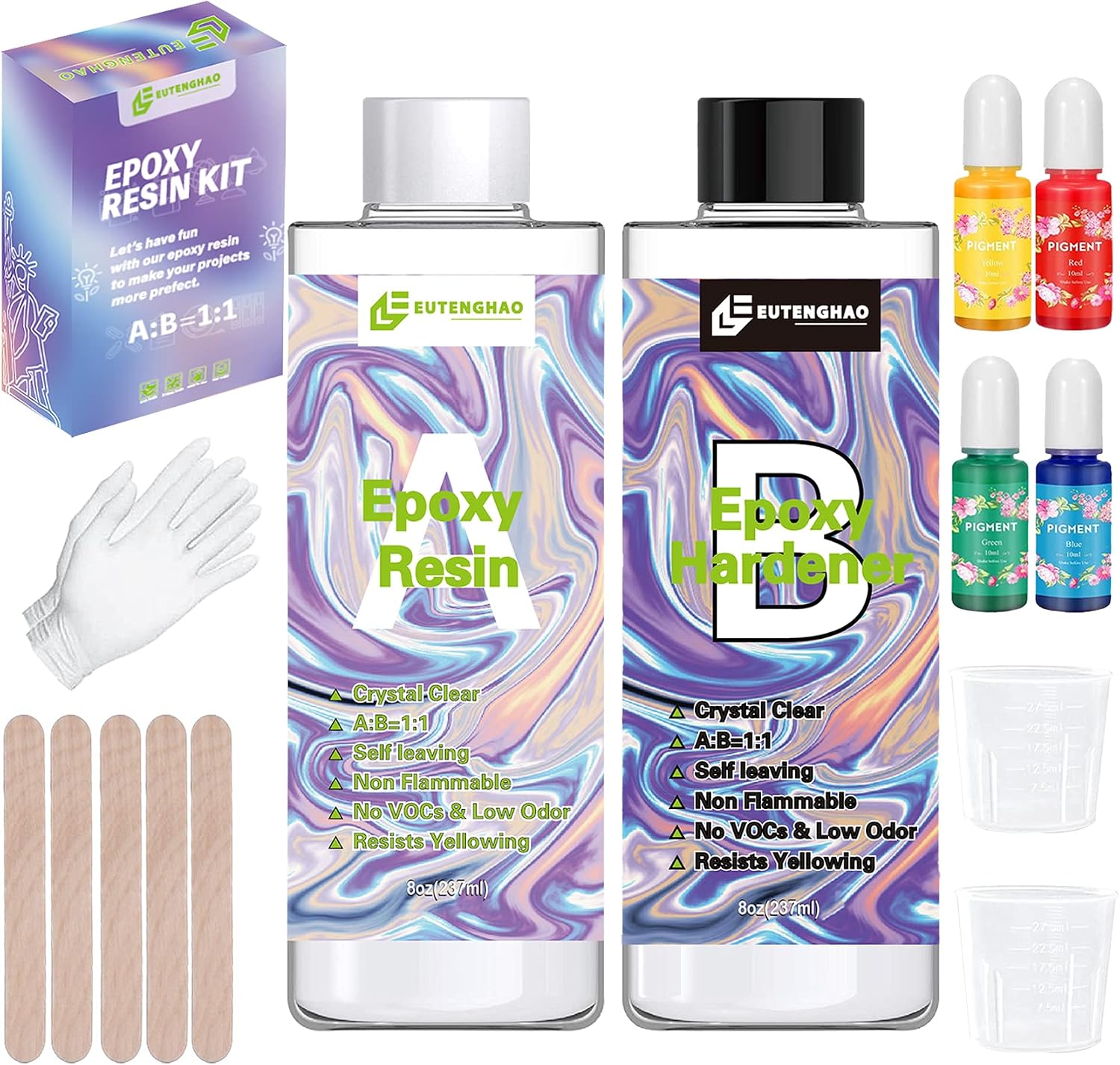EuTengHao Epoxy Resin Kit for Jewelry, Art, Craft | 16oz Casting Crystal Clear Resin Kit 8oz Resin and 8oz Hardener with 4 Colors Pigment, 2pcs Graduated Cups, 5pcs Sticks, 1 Rubber Gloves