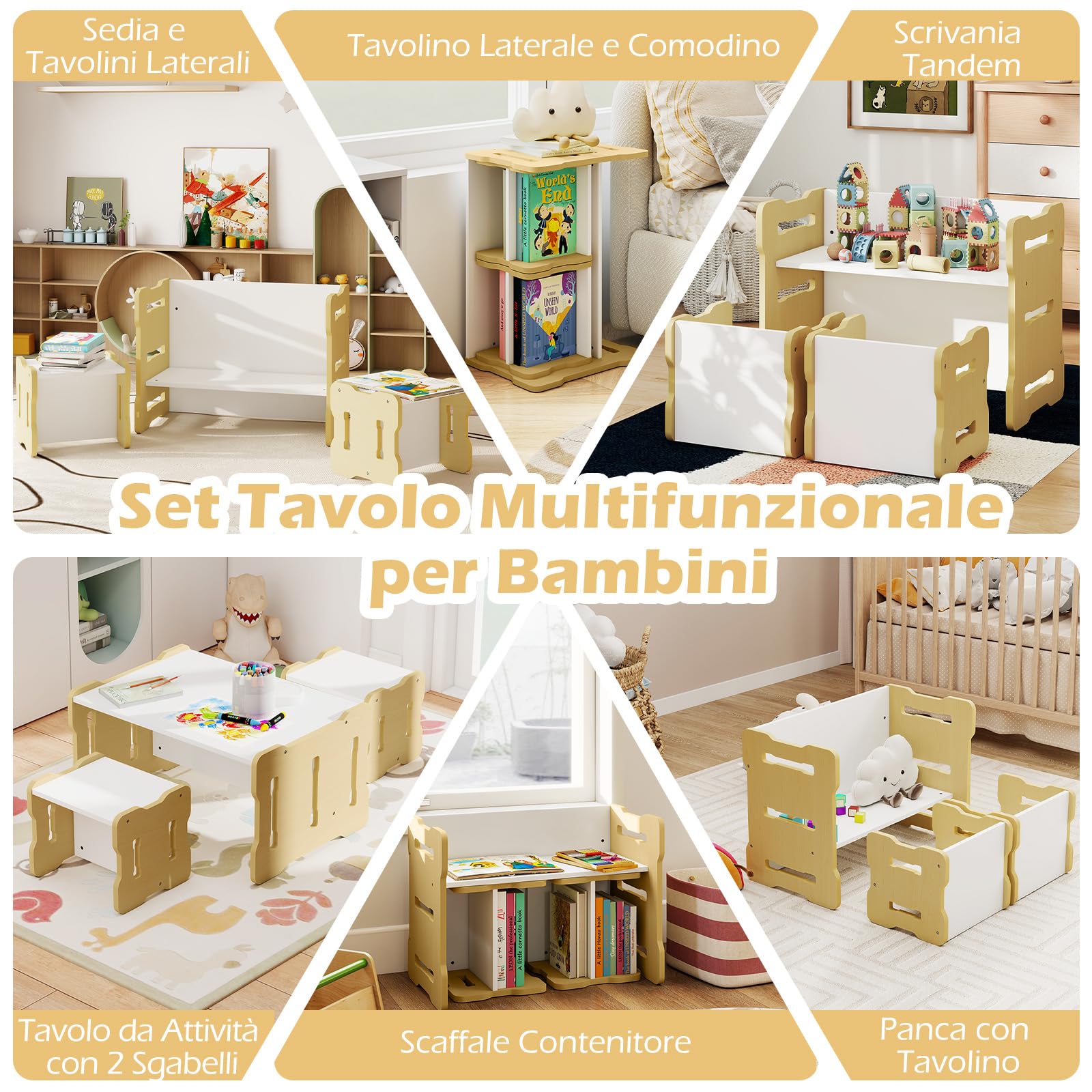 RELAX4LIFE Tavolino e Sedia per Bambini, Set Multiuso Convertibile con Tavolo e 2 Sedie per Disegno, Lettura, Pranzo e Artigianato, Mobili in Legno per Casa, Asilo Nido e Scuola (Naturale)