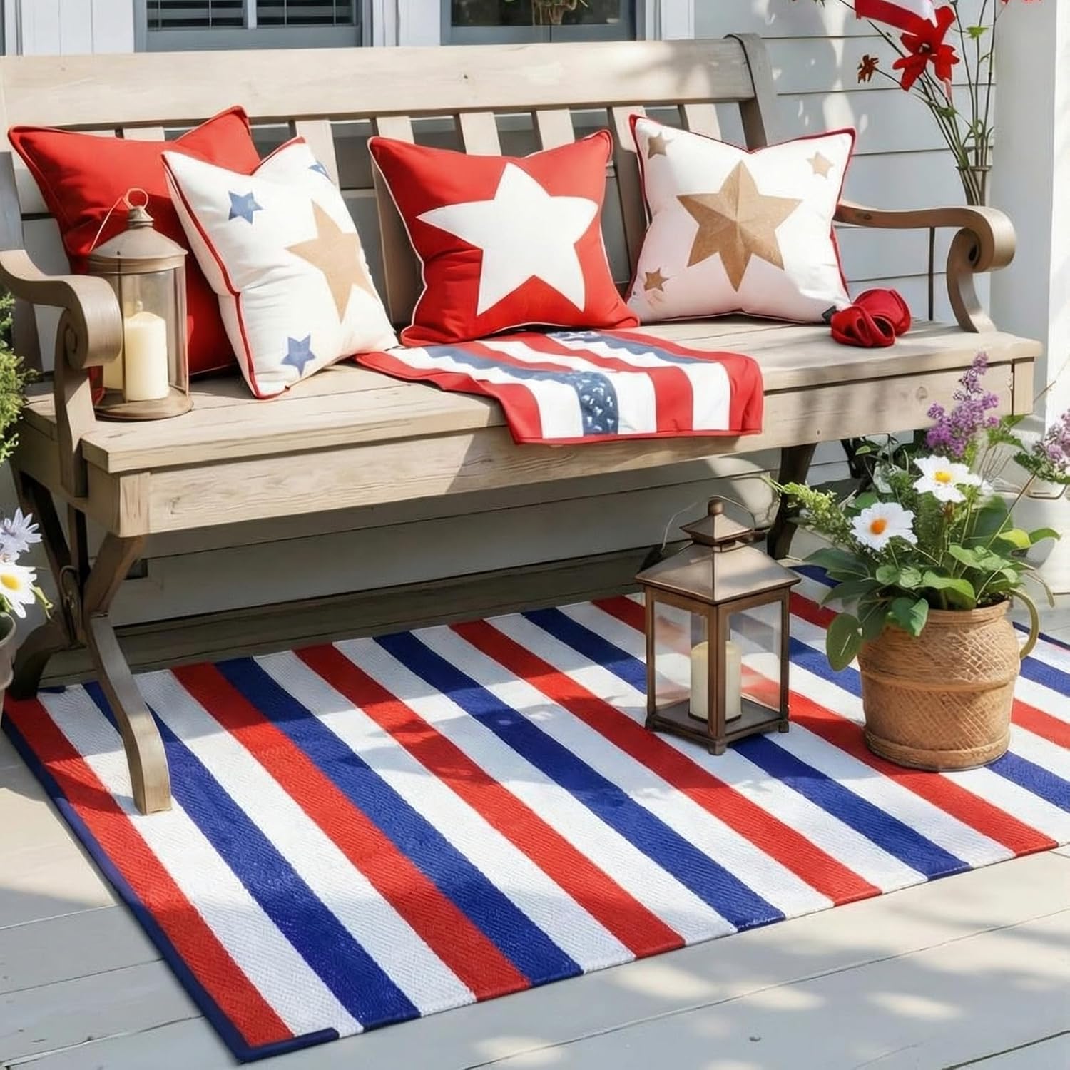 Tinideya 4' x 6' Patriotic Outdoor Rug Plastic Straw Front Doormat Mat Patio Deck Mat Red White and Blue Outdoor Rug Indoor Garden Lawn Balcony Porch Holiday Decor(Striped, Red, Blue and White)