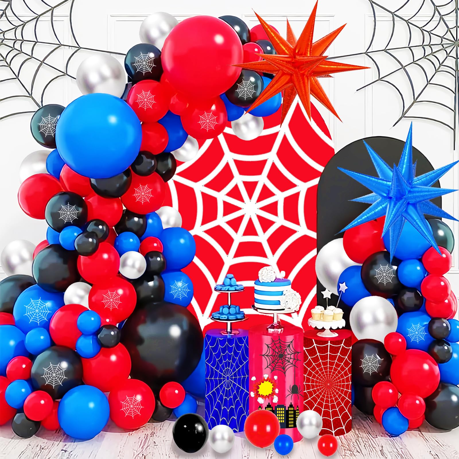 139 Pcs Blue Red Black Balloon Arch Garland Kit, for Cartoon Spider Theme Birthday Party Decorations Boys and Girls Gatherings Party Supplies