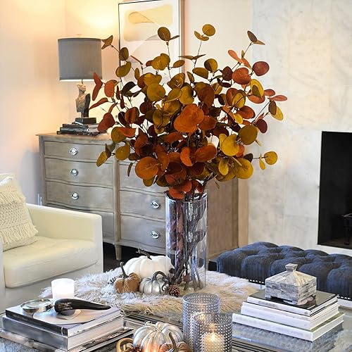 Miniatura 2 de 4 piezas de hojas artificiales de eucalipto de otoño, plantas de tallos verdes para el hogar, arreglo floral, boda, fiesta, otoño, Acción de