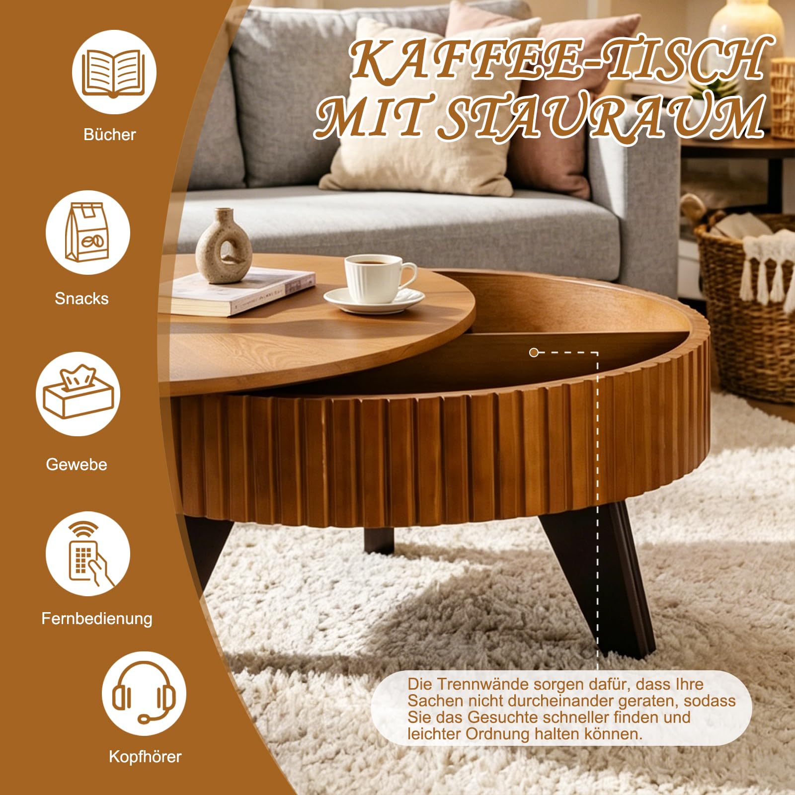 TWSOUL Runder Couchtisch 80cm, Retro Holzoptik mit Rillen & Stauraum, Stabil mit 3 Massivholzbeinen, Moderner Wohnzimmertisch für Apartment, Büro & kleine Räume, Natur