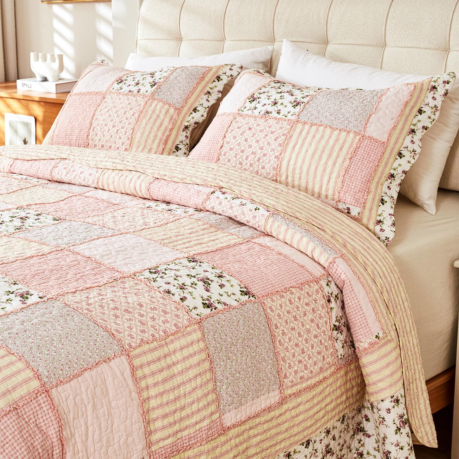 Cmfshape Floral Quilt Sets Bedspread Set 100% Cotton Patchwork Bedding Set, All Season Use Lightweight Reversible Coverlet Quilts with 2 Pillow Shams(Queen 92"x96") - Image 2