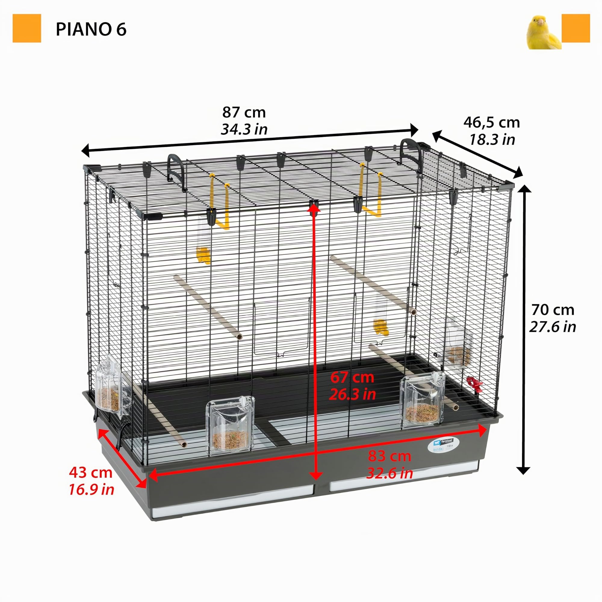 Ferplast Gabbia Voliera per Uccelli PIANO 6 Gabbia per Uccelli, Canarini, Bengalini, Cocorite, Inseparabili, in Metallo, Accessori inclusi Posatoi Mangiatoie Girevoli, 87 x 46,5 x h 70 cm