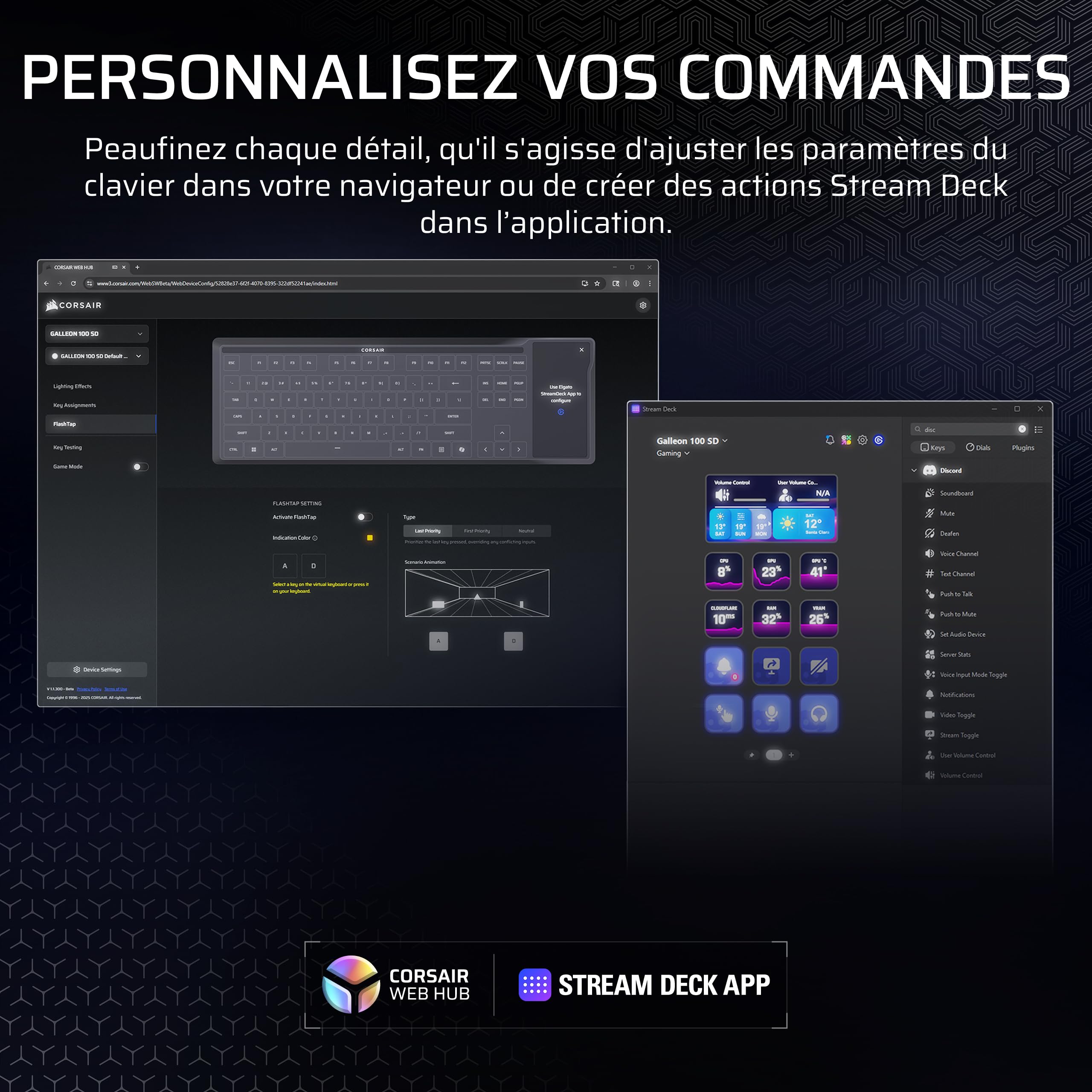 Corsair Galleon 100 SD Clavier Mécanique Filaire (AZERTY FR) – Noir | Elgato Stream Deck Intégré, Commutateurs MLX Pulse Thocky Pré-Lubrifiés et Remplaçables à Chaud, FlashTap SOCD, 8000 Hz