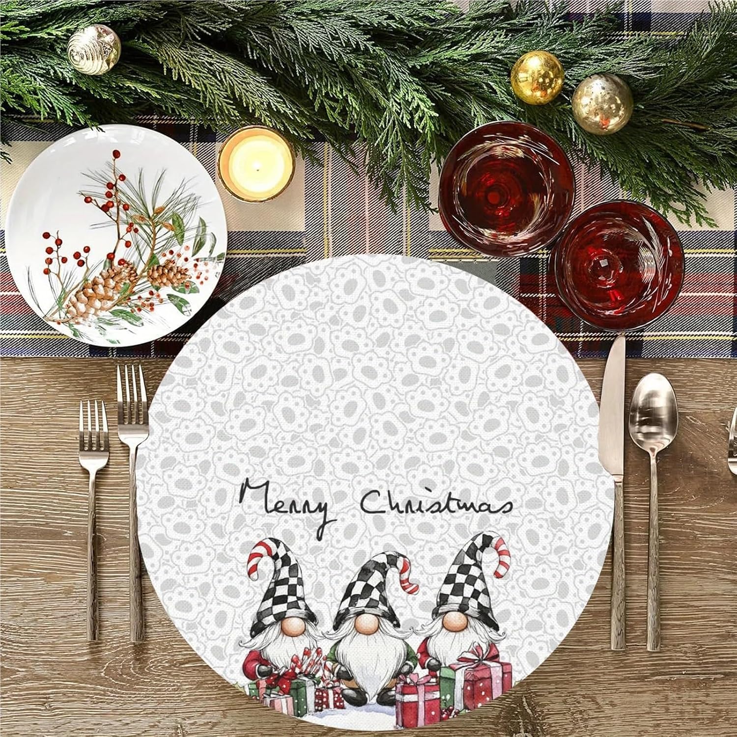 4-Piece Christmas Gnome Placemats Round Santa Claus Family Gathering Holiday Party Table Decorations and Accessories