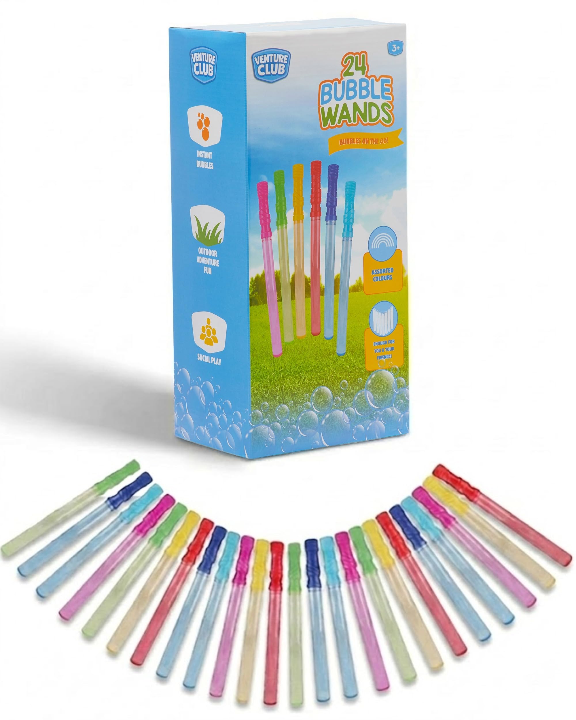Venture Club 24 Bubble Wands for Kids - Colourful Bubble Blower Set, Bubbles for Kids & Toddlers, Garden Toys & Games for Outdoor Play, Party & Active Fun - Dip and Blow, Children Aged 3+