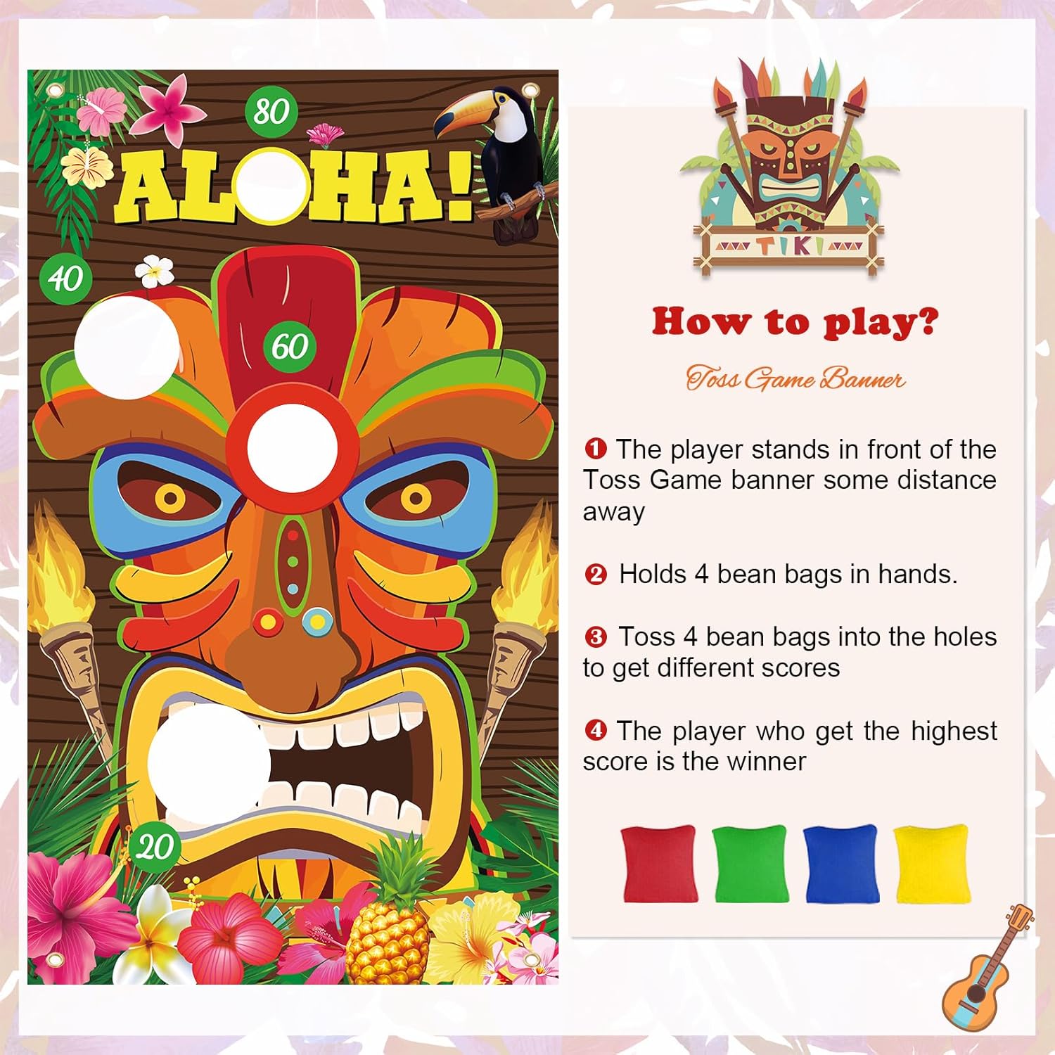 Upgraded Luau Party Games, Tiki Toss, Hawaiian Bean Bag Toss Game for Kids, Premium Aloha Banner, with 4pcs Bean Bags, for Summer Luau Party Supplies, Tropical Tiki Party Decorations