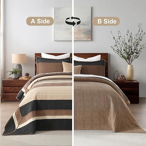 Miniatura 7 de Finlonte Colcha tamaño King, 100% algodón, colcha de gran tamaño King de tamaño King, color marrón carbón, beige, California King, acolchada, a