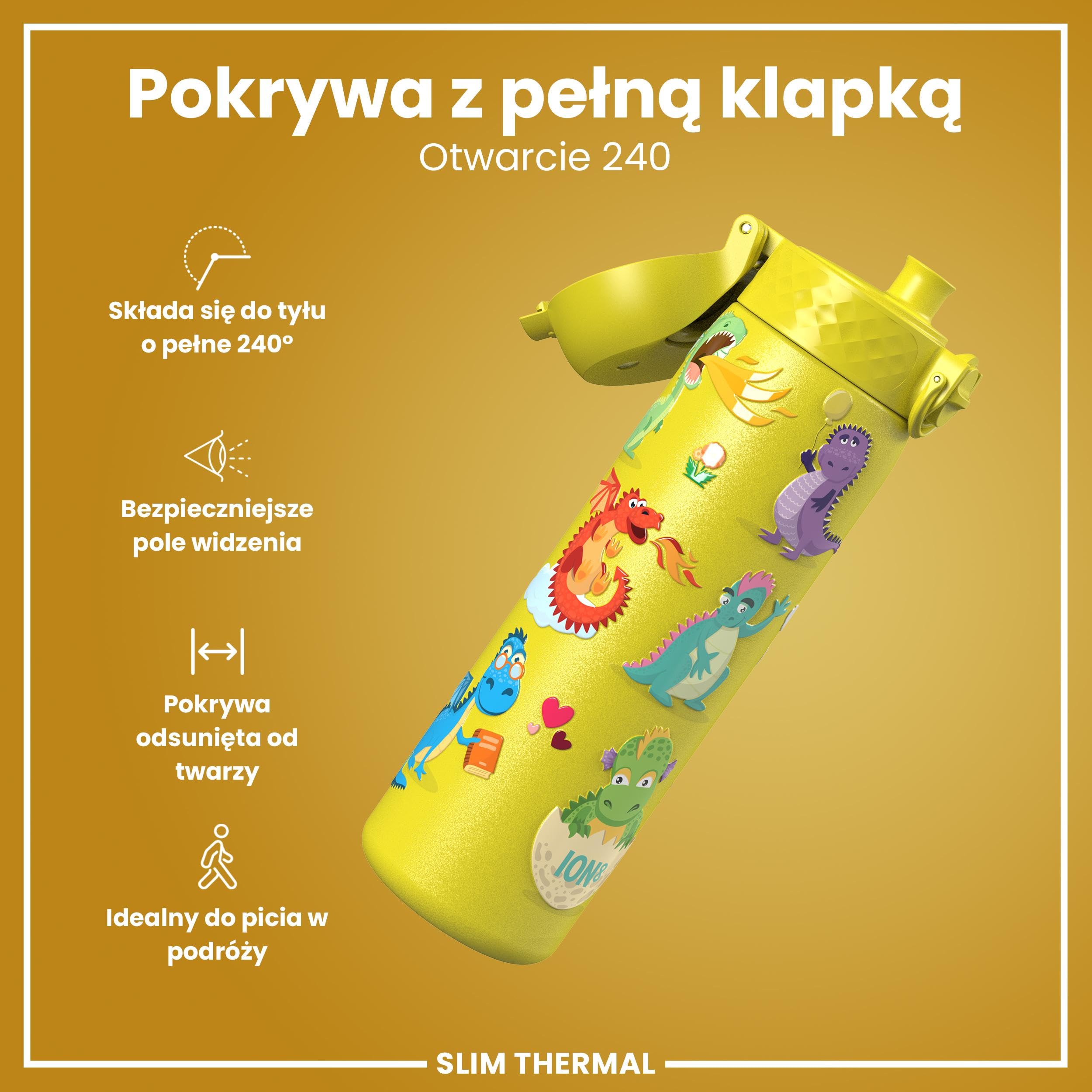 ION8 Termoizolowana Butelka na Wodę, Stali Nierdzewnej, 500 ml/18 oz, Szczelna, Łatwa w Otwieraniu, Bezpieczny Zamek, Można Myć w Zmywarce, Uchwyt do Przenoszenia, Metalowa Butelka, Smoki
