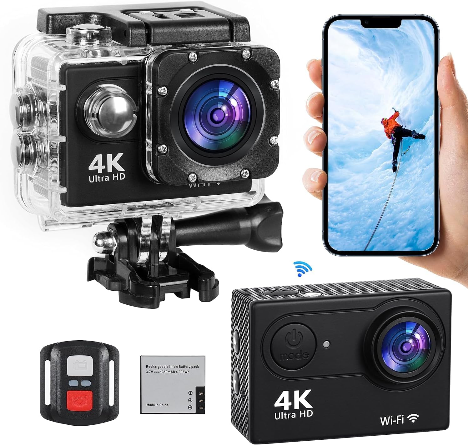 Greatop 4K Action Cam 20MP WiFi Sports Kamera 170° Einstellbar Weitwinkel 40M Unterwasserkamera EIS Actioncam mit 2x1350mAh Akkus, 2.4G Fernbedienung, Zubehör Kit