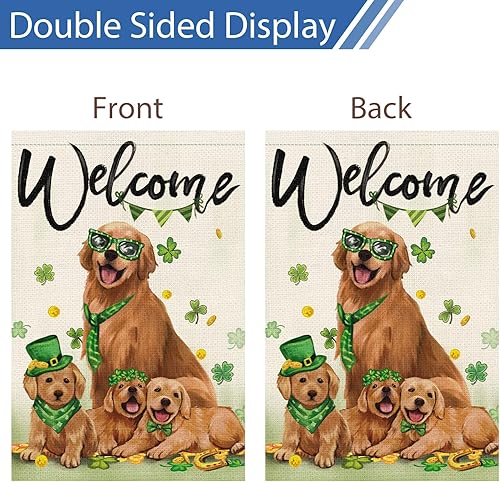 Miniatura 6 de Heyfibro Bandera de bienvenida del día de San Patricio para jardín, 12 x 18 pulgadas, arpillera de doble cara, lindas banderas de oro retriever