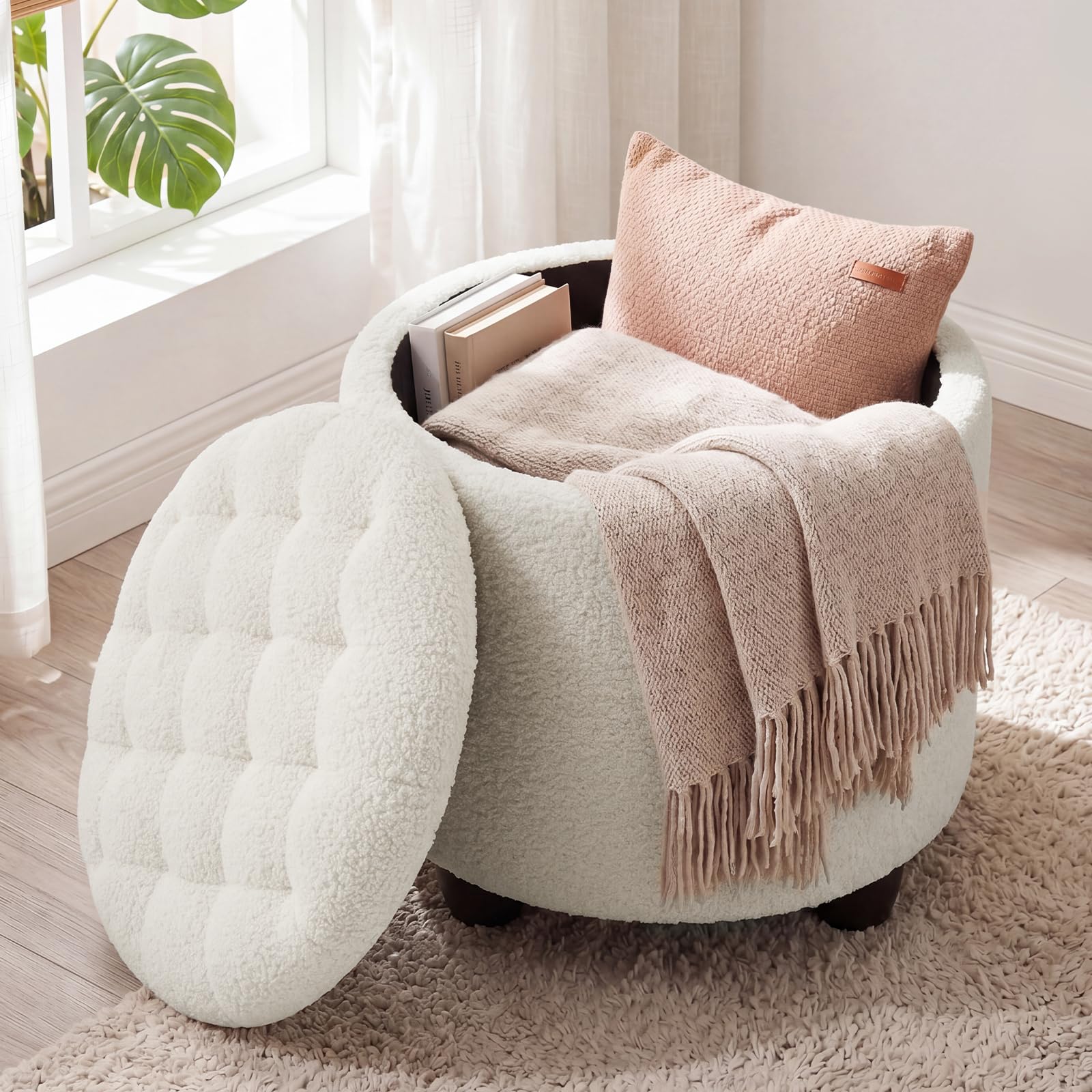 Ckaff Storage Ottoman, 48cm Round Footstool with Padded Seat and Removable Lid, Button Tufted Ottoman Storage Box with Sturdy Legs for Living Room, Bedroom, Dining Room, Sherpa, White