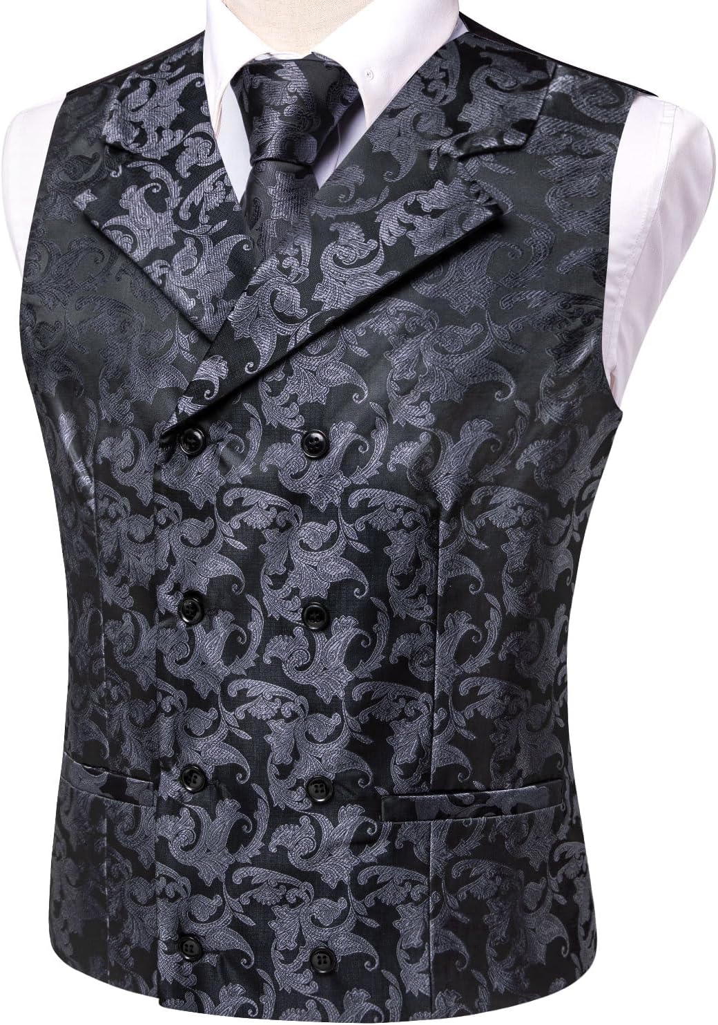 Hi-Tie Dark Grey Black Floral Double Breasted Waistcoat For Men Necktie Silk Suit Vest Tie Lapel Pin Handkerchief Cufflinks Tie Clip Suit Tuxedo 6Pcs