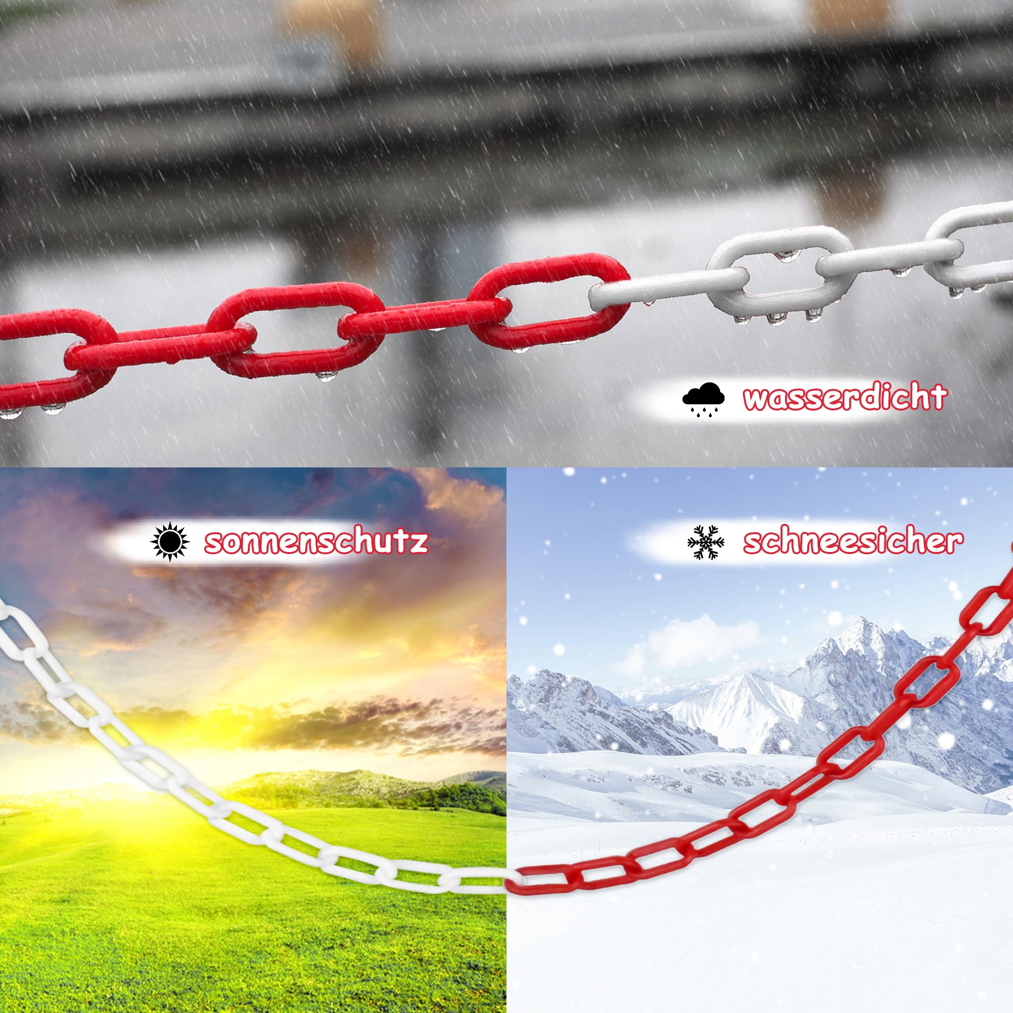 Cadena de plástico de 50 m, color rojo y blanco, 6 mm de grosor, de plástico, cadena de seguridad para construcción, postes de cierre para cierre