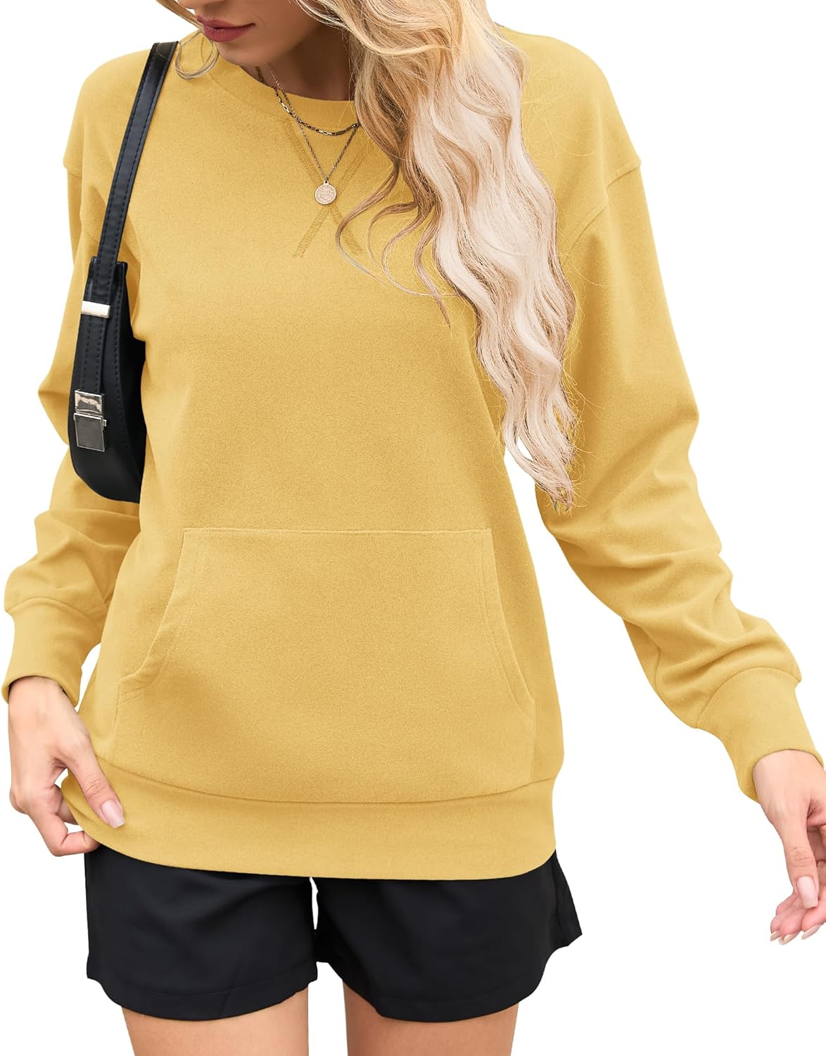 AUSELILY Womens Long Sleeve Sweatshirt Casual Crewneck Plain Pullover Tops with Pockets