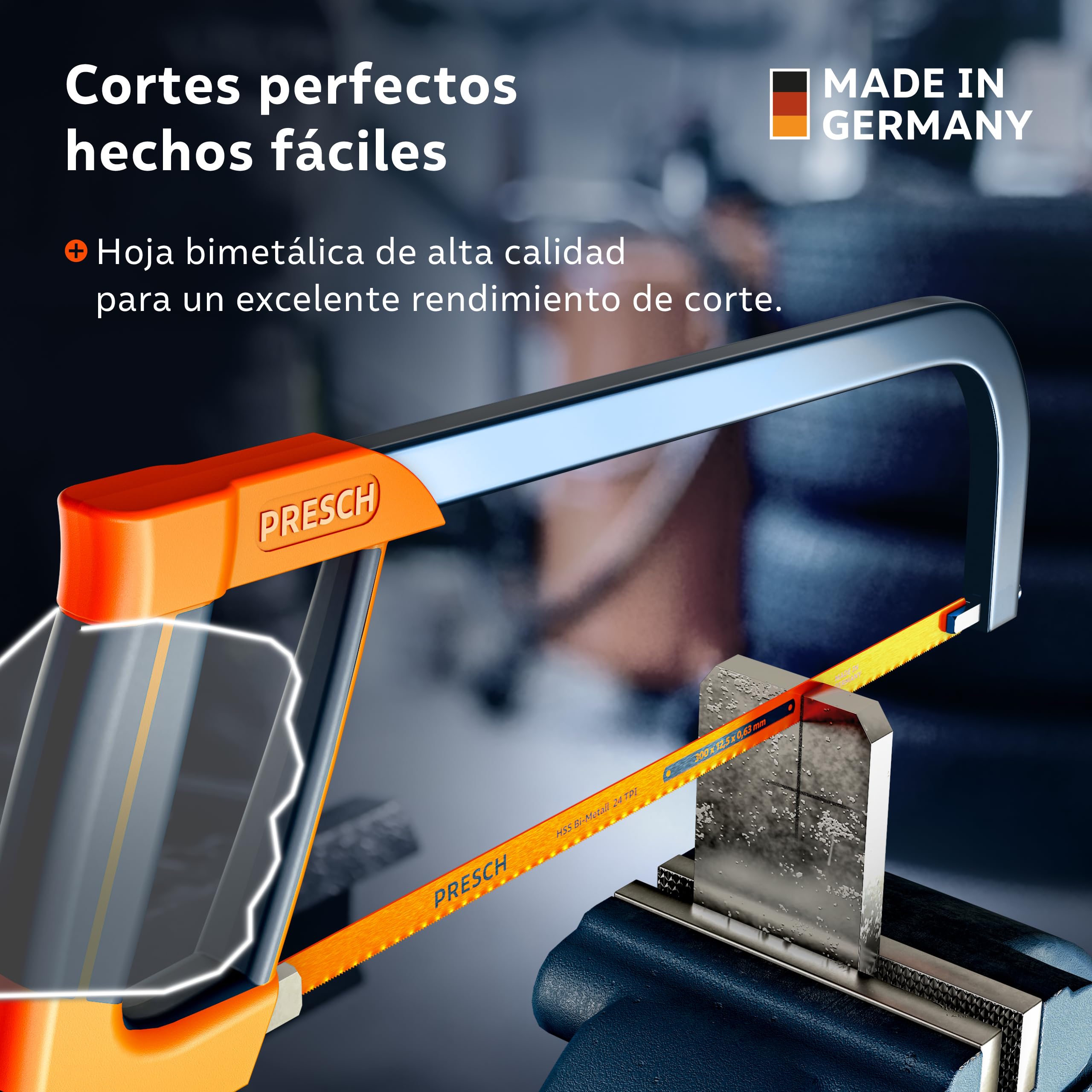 Presch Sierra de arco 300mm - Con hoja de sierra BI-metal para un corte preciso - 90° Rotación de la hoja de sierra para cortes horizontales y verticales - Mango con llave de tensión incluida