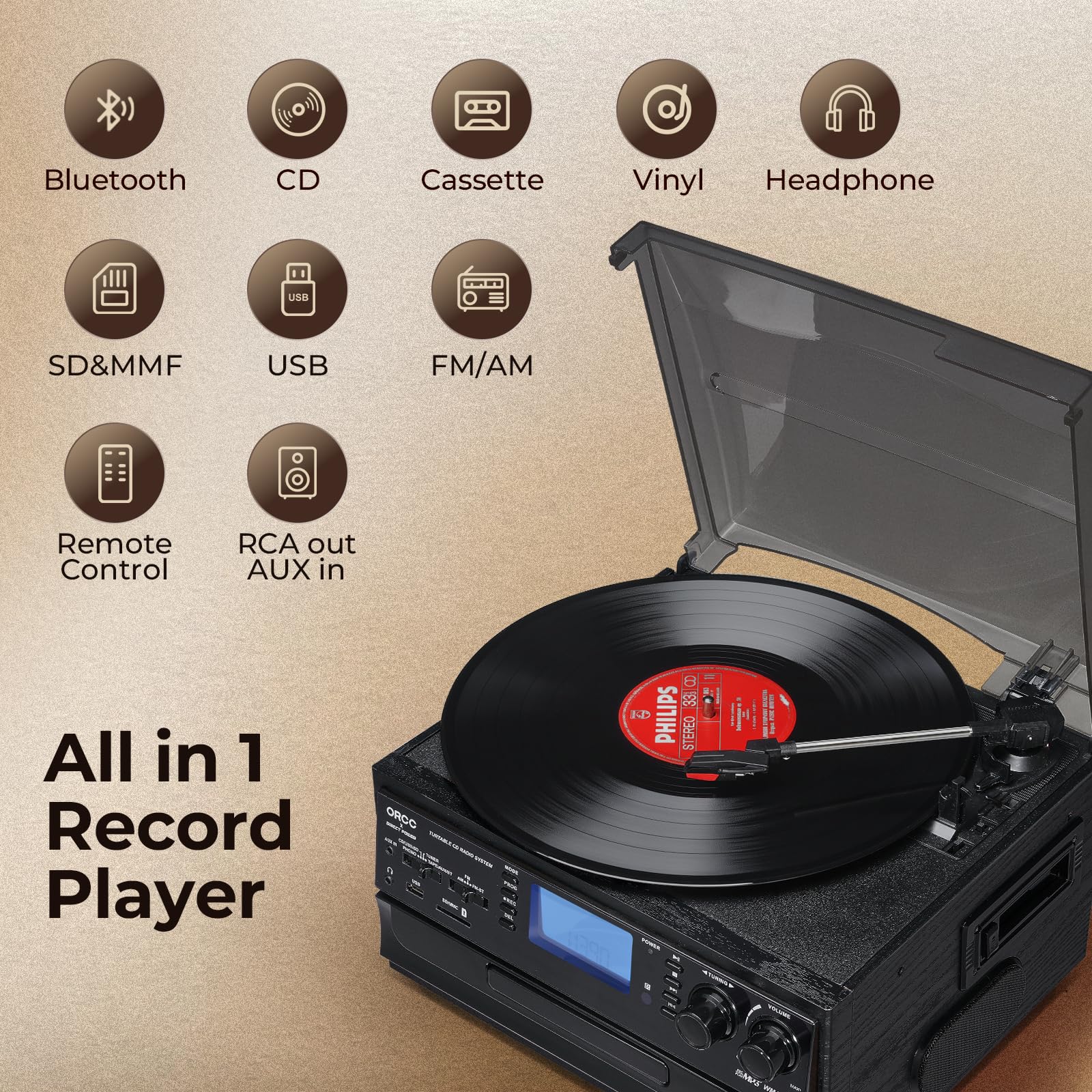 ORCC Giradischi 10 in 1, con carta regalo, giradischi in vinile per 33/45/78 giri/min, riproduzione e registrazione CD/USB/SD, Bluetooth e telecomando, radio FM/AM per gli amanti della musica, grigio