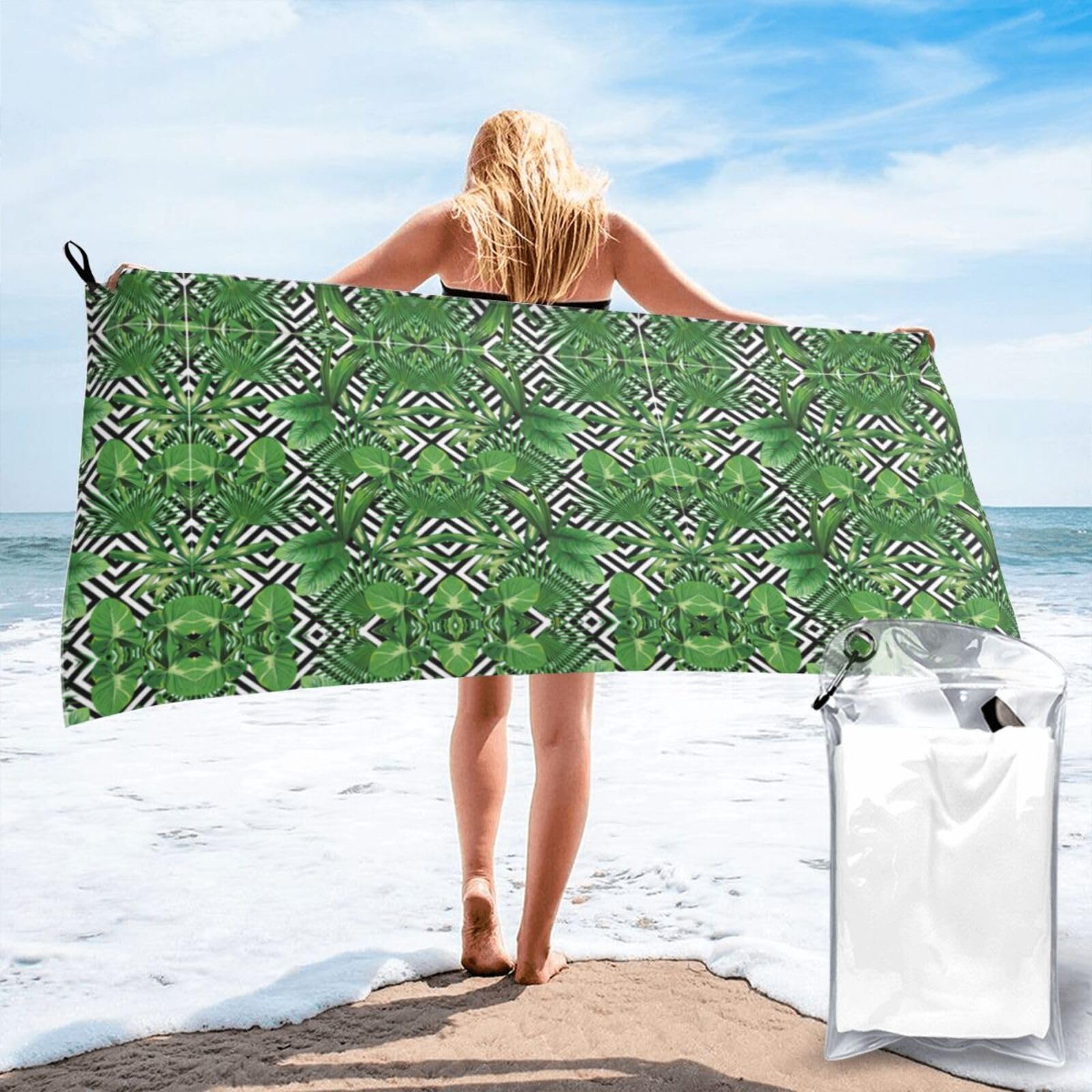 Jiuty White Tropical Leaves Print Fast Dry Beach Towel Portable For Swimming Travel Gym Hiking Gift