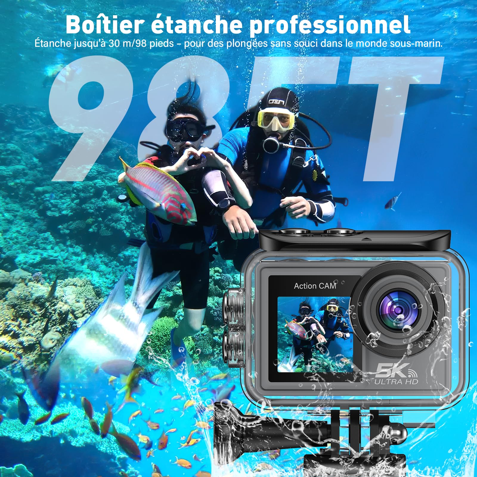 Caméra Sport 5K/4K, 50MP Caméra d'action avec 64GB Carte, 30M/98FT Camera Étanche- Stabilisation EIS, Grand Angle 170°, WiFi Camera Casque Moto, Appareil Photo Étanche pour Plongée, Vlog, Vélo
