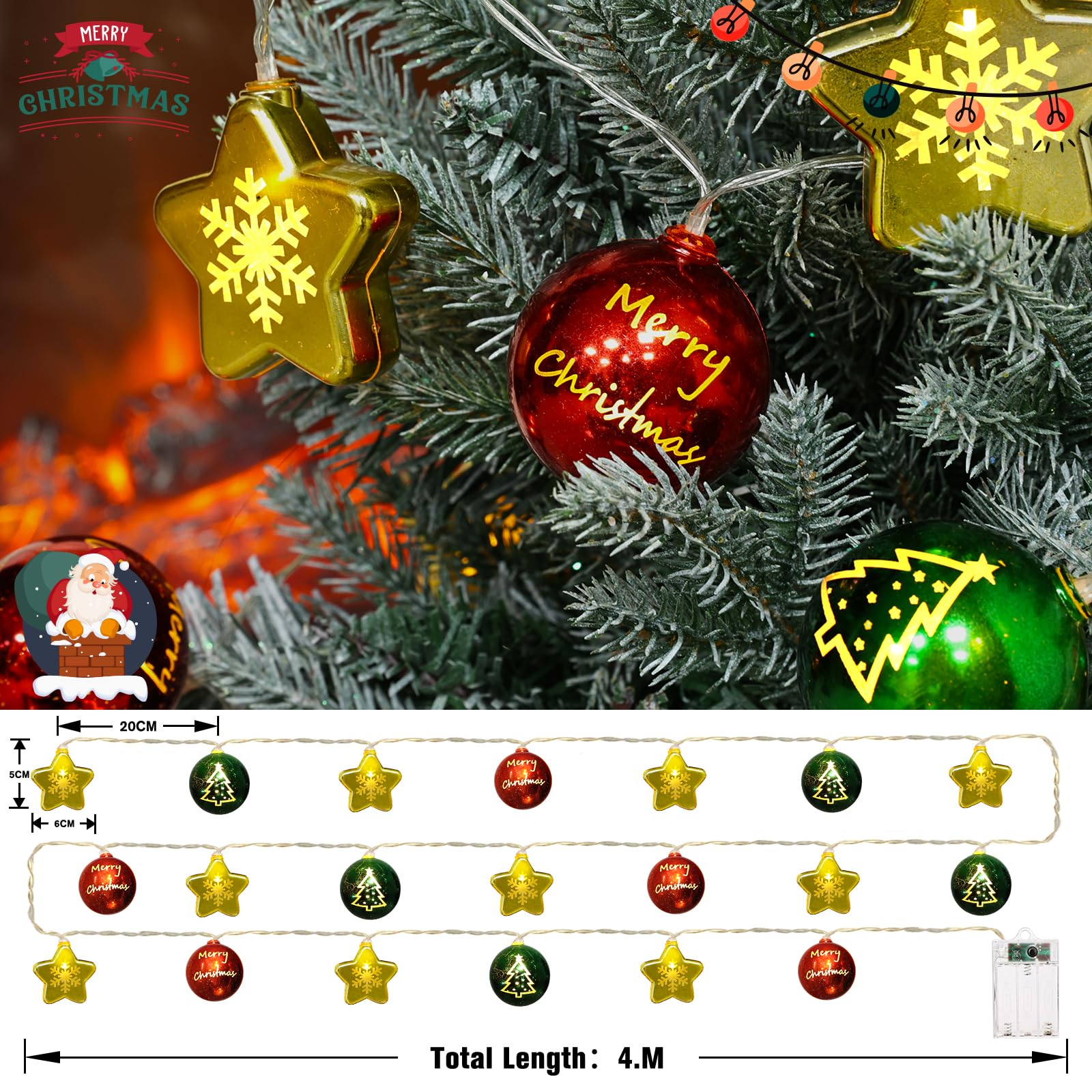 Lumières décoratives de Noël de 4,1 m, 20 DEL à piles avec minuterie et 8 modes, boules de Noël et étoiles décoratives pour sapin de Noël, couronne, fenêtre, mur, maison, jardin, extérieur et