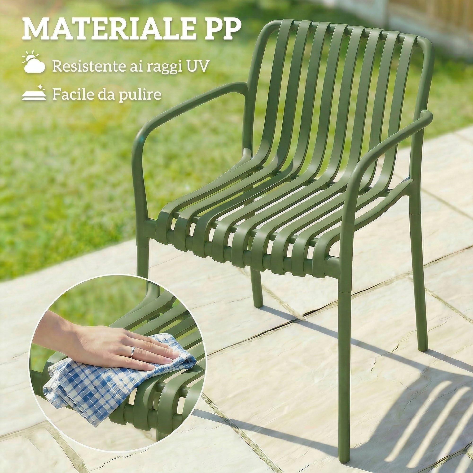 Outsunny Set 4 Sedie da Giardino Impilabili in PP Anti UV, Sedie per Esterno con Schienale Ergonomico, 55x58.5x81.5 cm, Verde