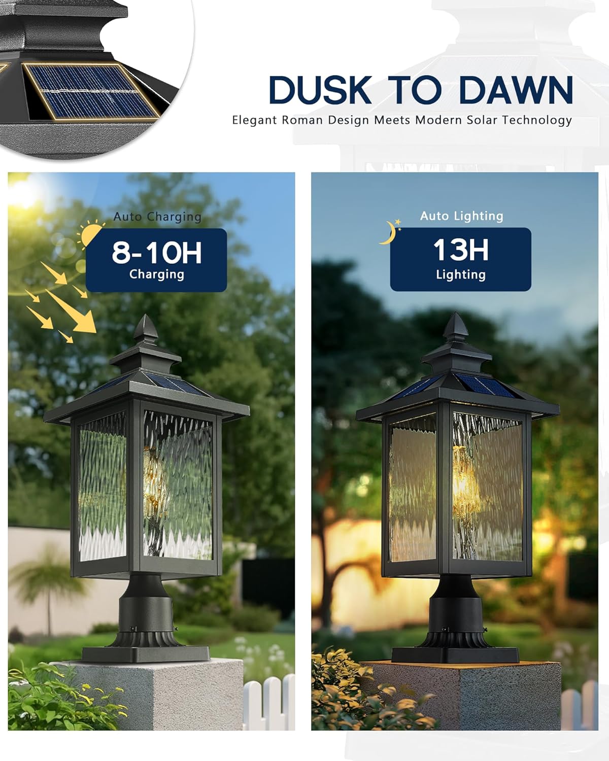 FEMILA Solar Post Lights Outdoor, 20" Dusk to Dawn Outdoor Column Lights Aluminum Glass Solar Lamp Post for Garden Patio Driveway, with Remote Control, 4FYX88P-L SL BK SW