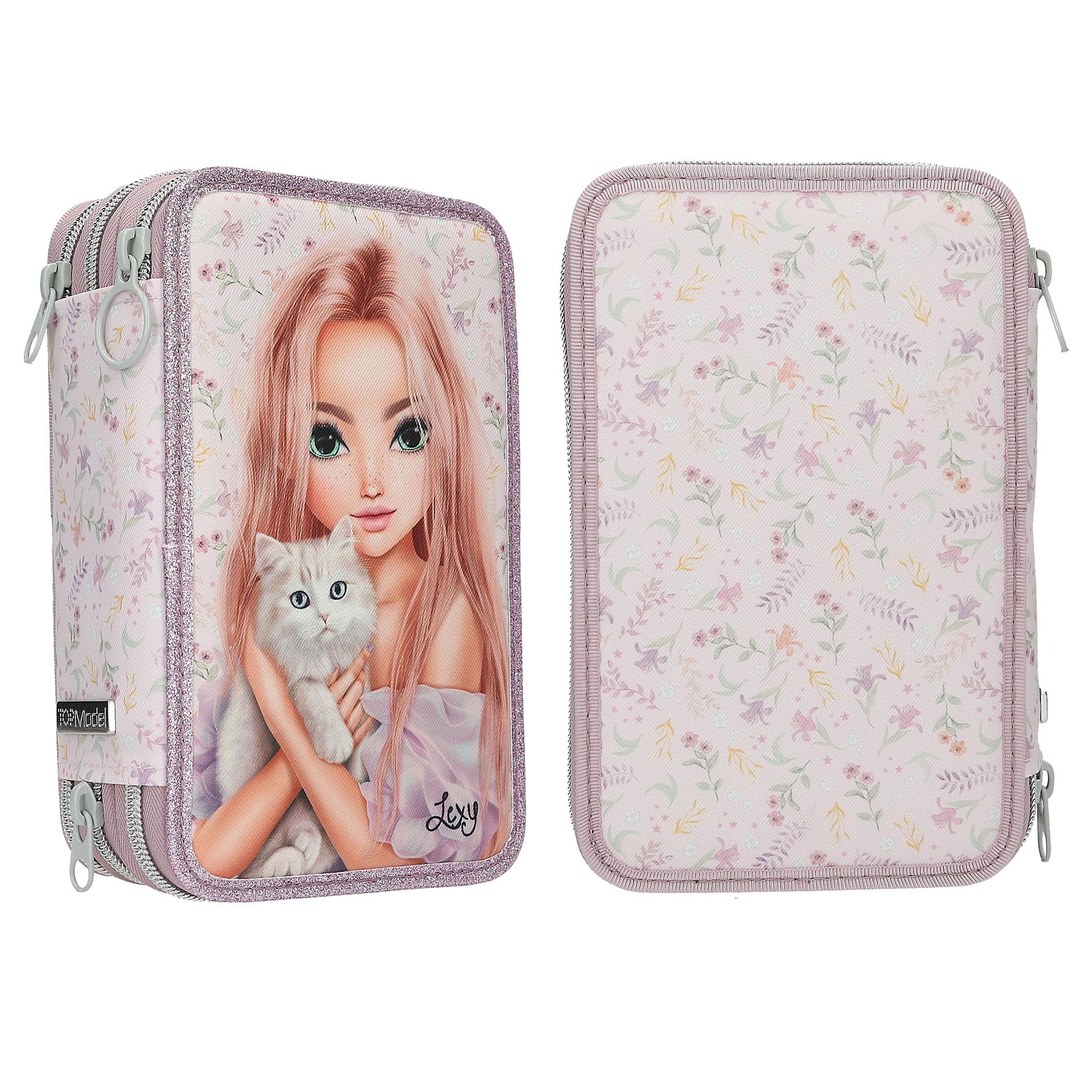 Depesche TOPModel Blooming Kitty 3-Fach Federtasche Rosa mit Buntstiften Schere Lineal