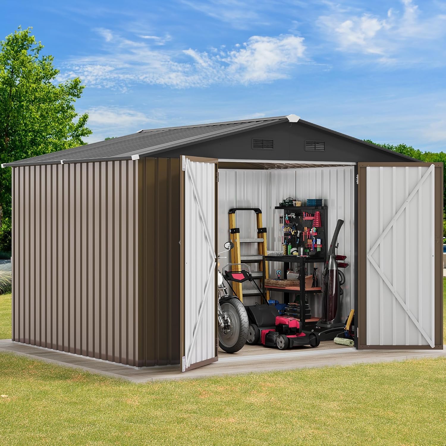 DWVO 10x8ft Outdoor Storage Shed, Large Metal Tool Sheds, Heavy Duty Storage House with Lockable Doors &amp; Air Vent for Backyard Patio Lawn to Store Bikes, Tools, Lawnmowers, Brown