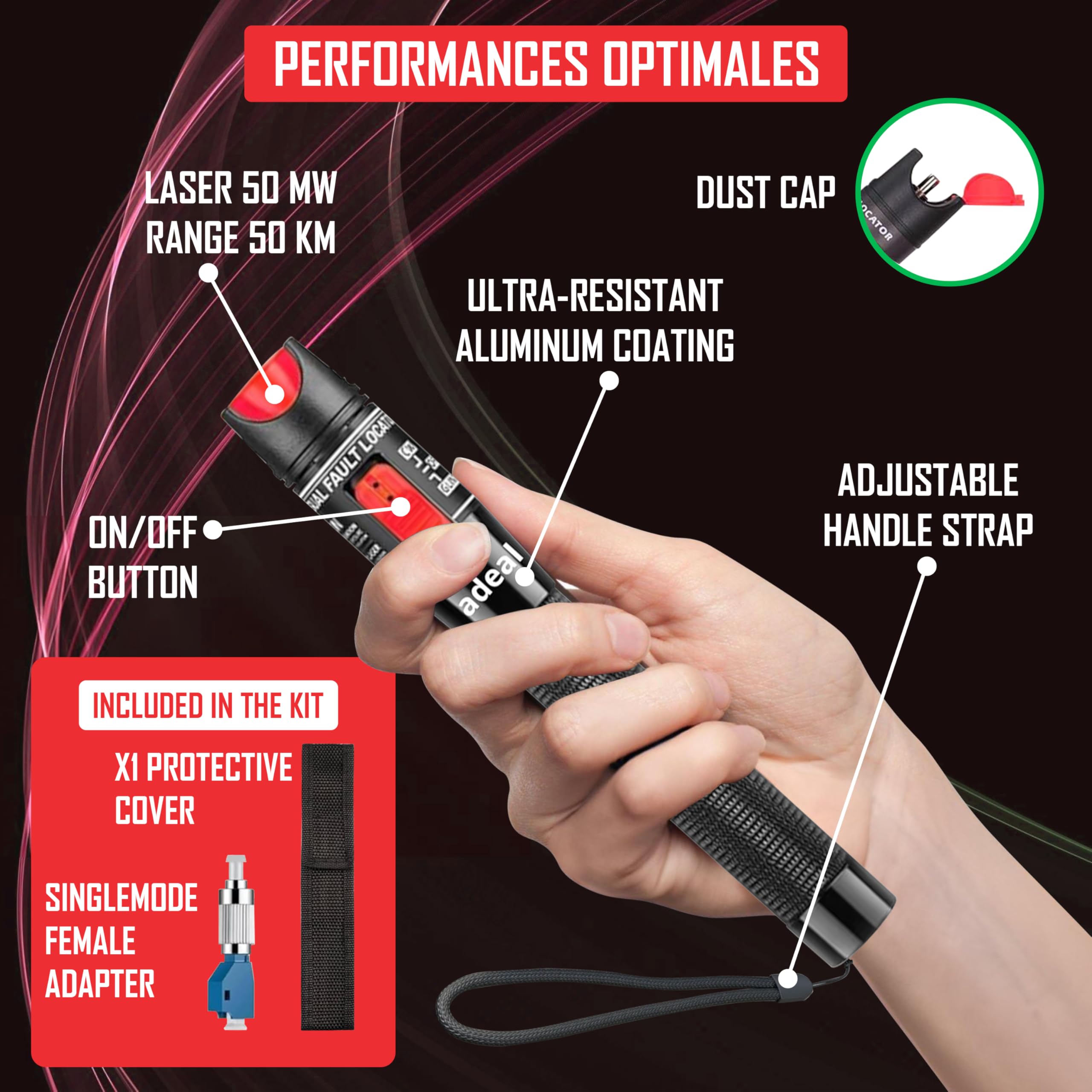 Kit Testeur Fibre Optique VFL - Localisateur de Défauts Visuels 50 km, Stylo Lumineux Laser Fibre Optique 50mW pour Test de Câble Réseau, avec Adaptateur Monomode 9/125 um FC Mâle vers LC Femelle.