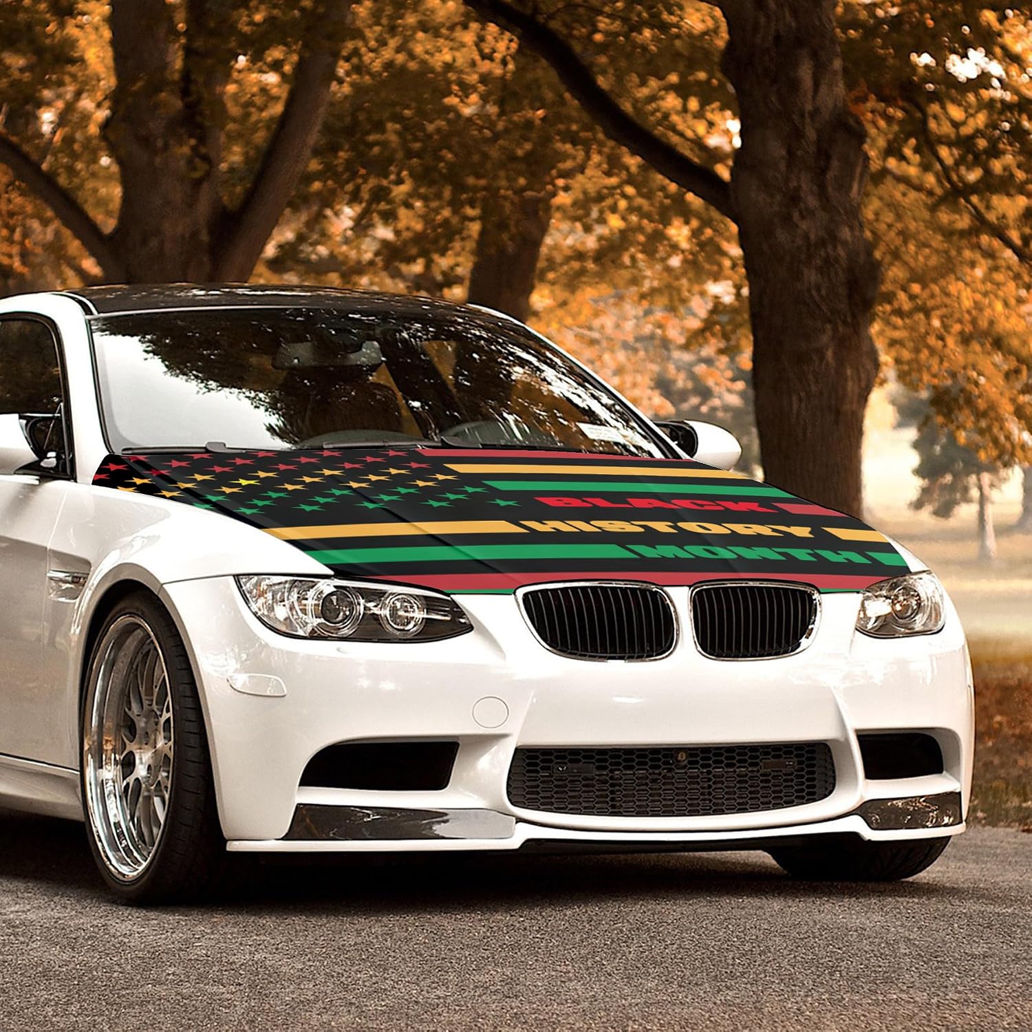 Black History Month Stars Stripes Flag Car Hood Cover Easy to Install Protector Elastic Fabrics Can be Washed Stretch Polyester Fabric Covers