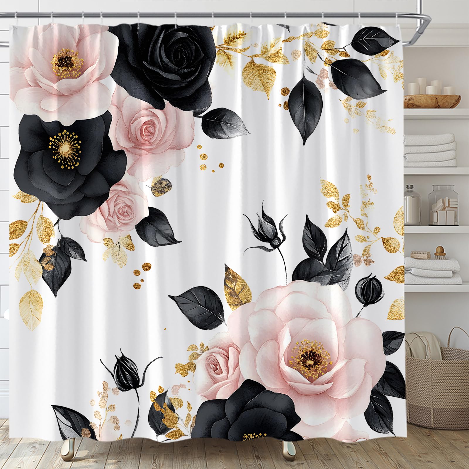 EVRCVAR Pink and Black Flower Shower Curtain Black and Gold Leaf Vintage Rose Watercolor Floral Modern Aesthetic Palnt Bathroom Curtain Fabric with