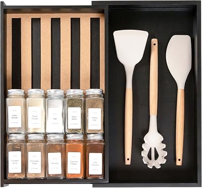 KitchenEdge Organizer per cassetti per spezie con contenitore espandibile, può contenere fino a 15 barattoli per spezie (non inclusi), piedini antiscivolo, contenitore per accessori da cucina, 100%