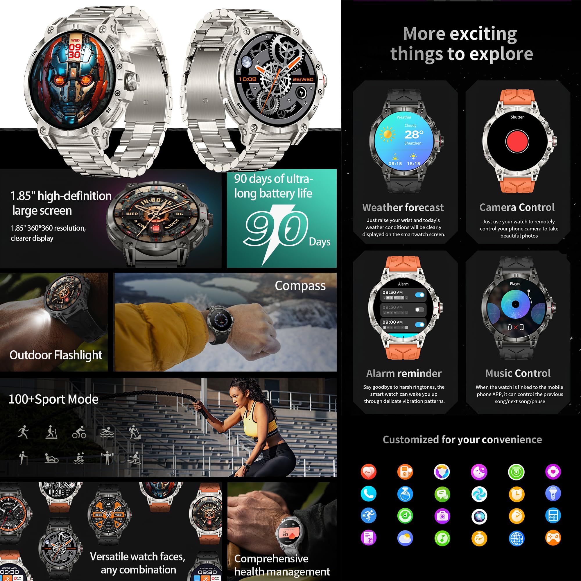 1,85" AMOLED Reloj Inteligente Hombre con Llamada y Whatsapp, Linterna, Batería de 760 mah, 5ATM Impermeable Reloj Smartwatch 123 Deportivo Hombre con Monitor Sueño, Pulsómetro Android iOS (plateado)