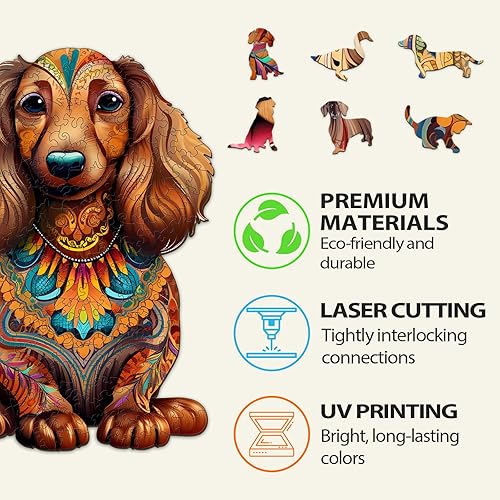 Miniatura 6 de Rompecabezas de madera, rompecabezas de perro salchicha de pelo largo para adultos, rompecabezas de madera avanzada con forma de perro única,