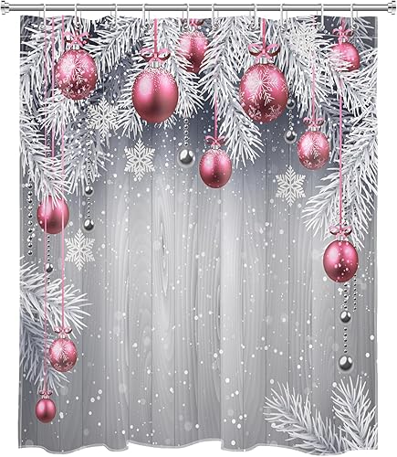 Miniatura 2 de EOBTAIN Cortina de ducha de invierno para baño, ramas de pino blanco y bolas de Navidad rosas, cortina de ducha con 10 ganchos, tablero de madera