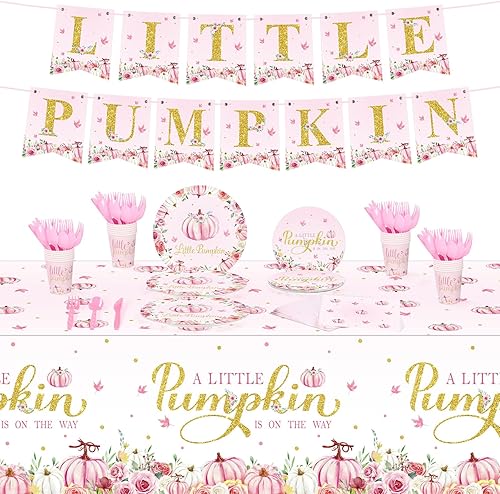 172 piezas de suministros de fiesta de calabaza pequeña incluyen mantel de otoño rosa con texto en inglés "A Little Pumpkin Is on the Way", juego de