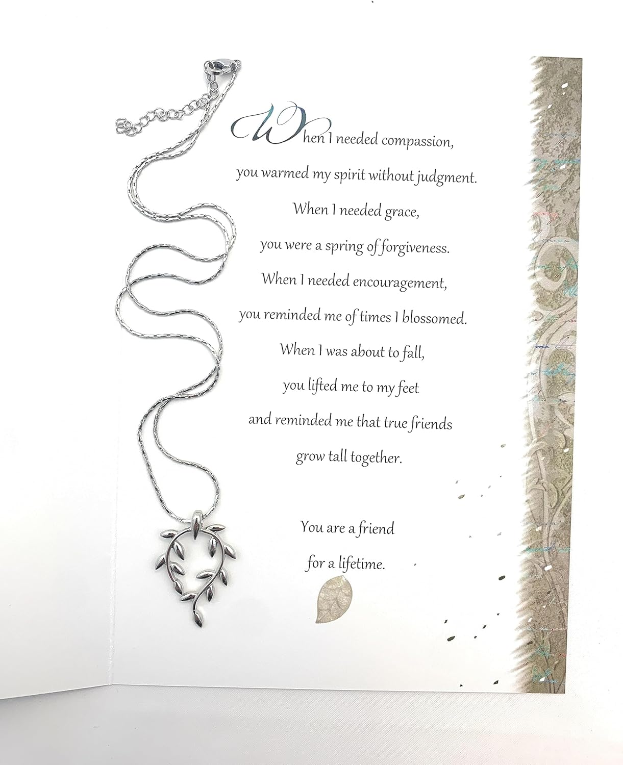 Smiling Wisdom - Heartfelt Sentimental Friendship Greeting Card for Women and Leaf Necklace Gift Set - True Friends Grow Together - A Reason Season Lifetime Friend - Bestie BFF Woman - Platinum Vine
