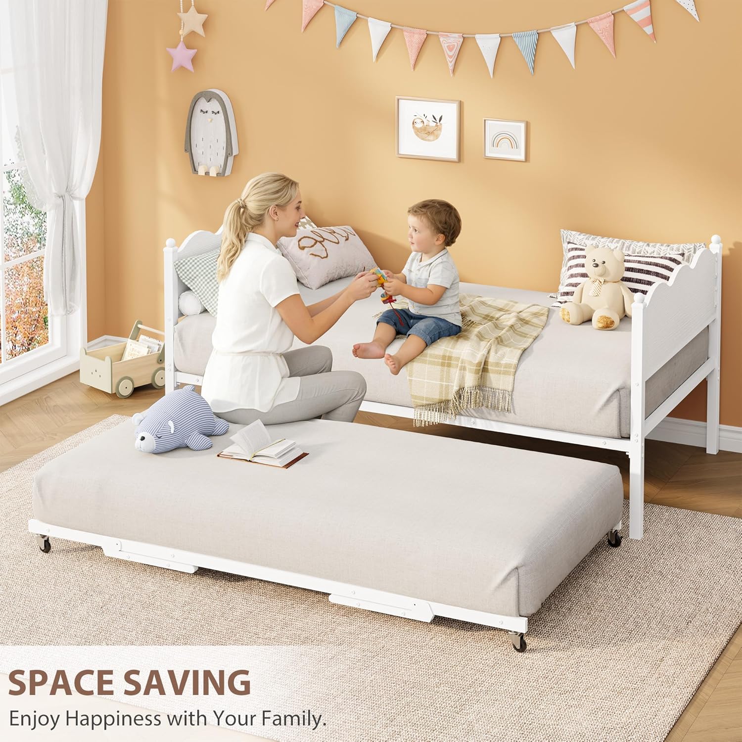 Garvee Daybed with Trundle, Twin Size Day Bed with Metal Slat Support & Lockable Casters, Wavy Headboard with Wood Grain, Space-Saving Sofa Bed for Living Room/Guest Room, No Box Spring Needed, White