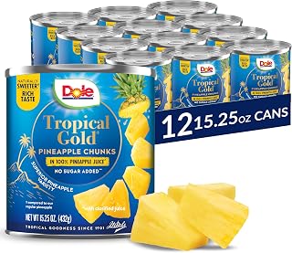 Dole Tropical Gold Pineapple Chunks in 100% Juice, No Sugar Added, Gluten-Free 12-Pack 15.25oz Cans - Premium Pantry Staple