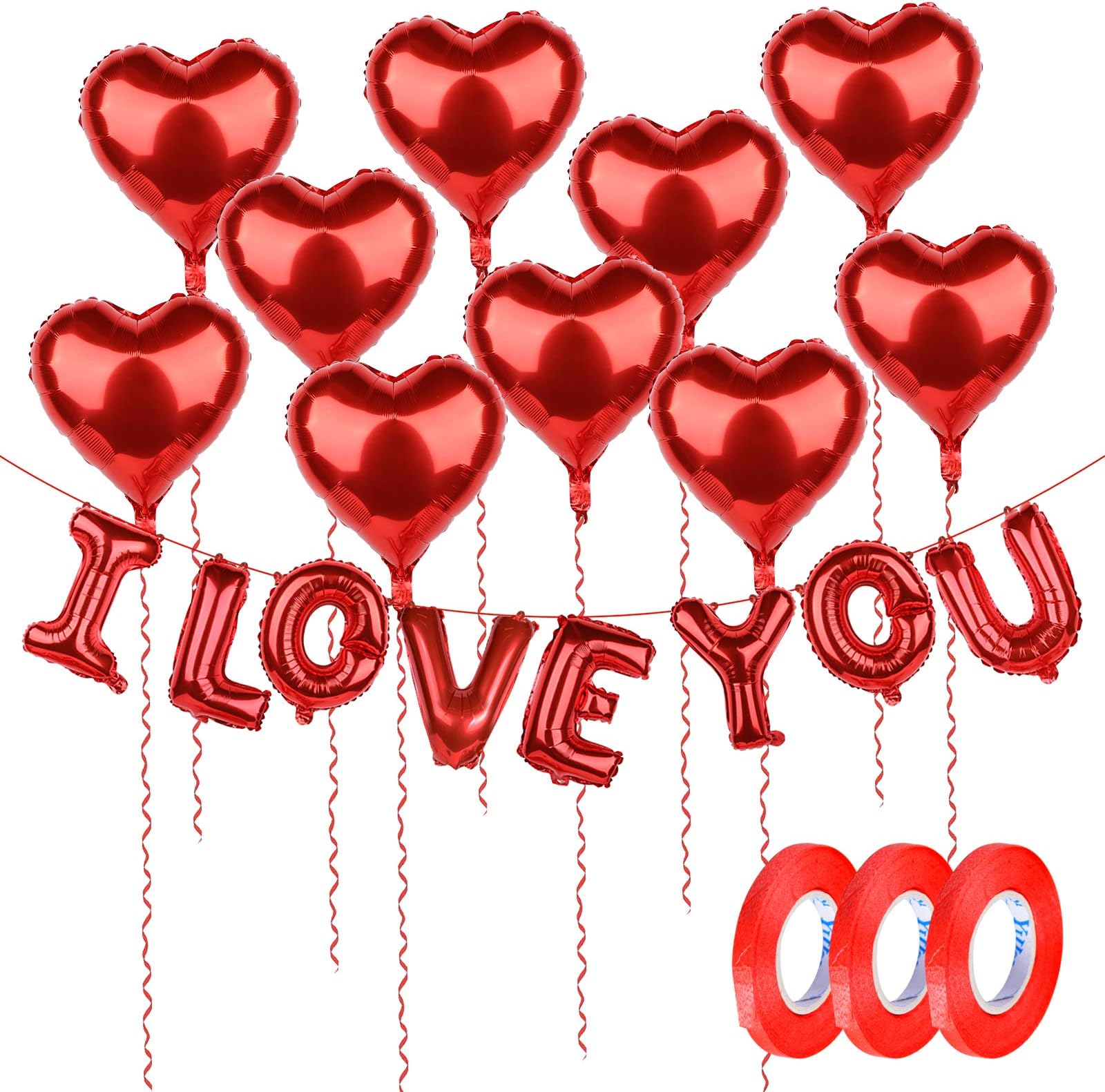 I Love You Alphabet Letters Foil Balloons Set with 10 x 18" Red Heart Balloon Self-Inflating Balloons Banner for Valentine's Day Mother's Day Carnival Party Birthday and Wedding Decoration Supplies