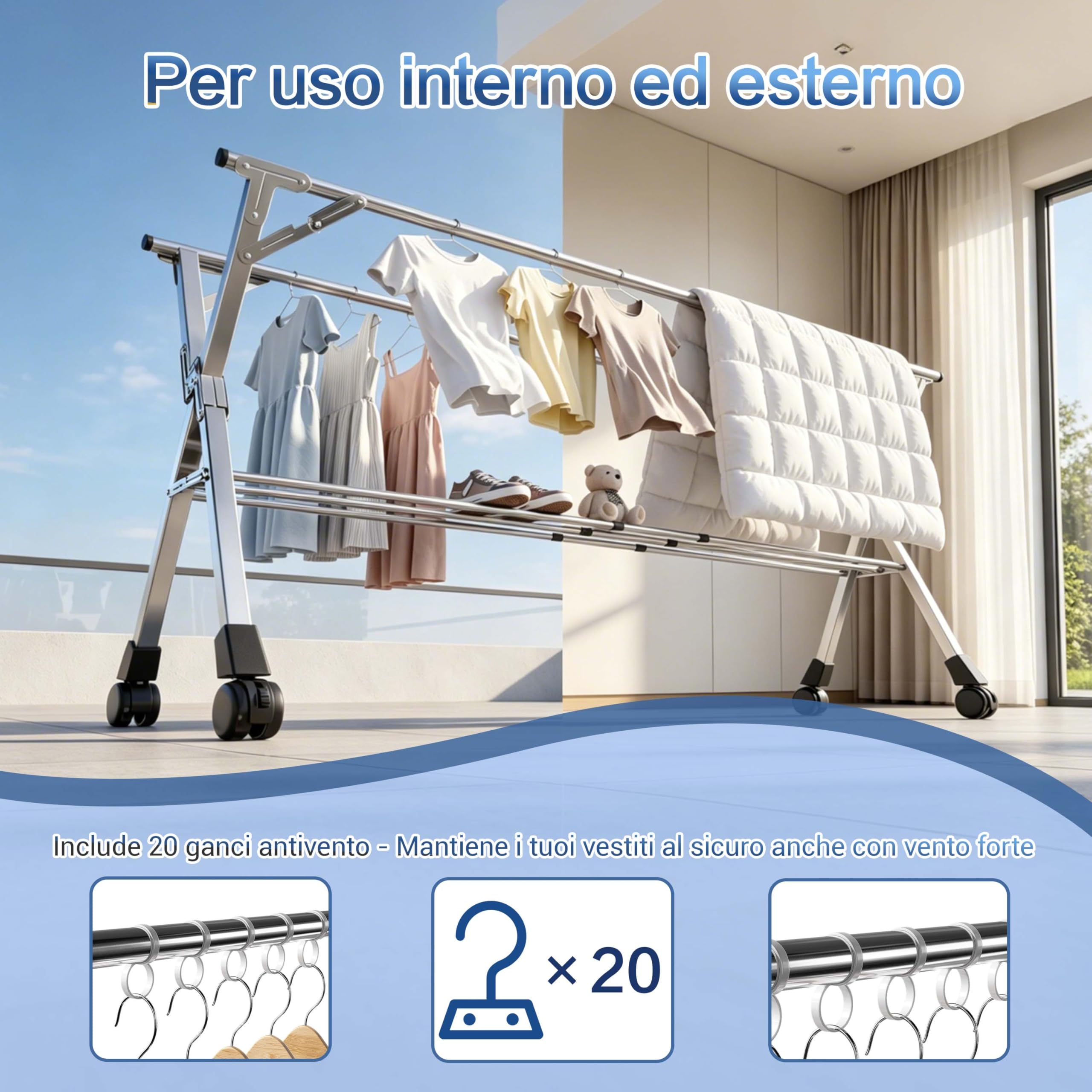 Kiseely Stendibiancheria pieghevole da 240cm per interni ed esterni, stendibiancheria pieghevole, stendibiancheria in acciaio inossidabile resistente, appendiabiti, 20 ganci e 12 clip (240cm)