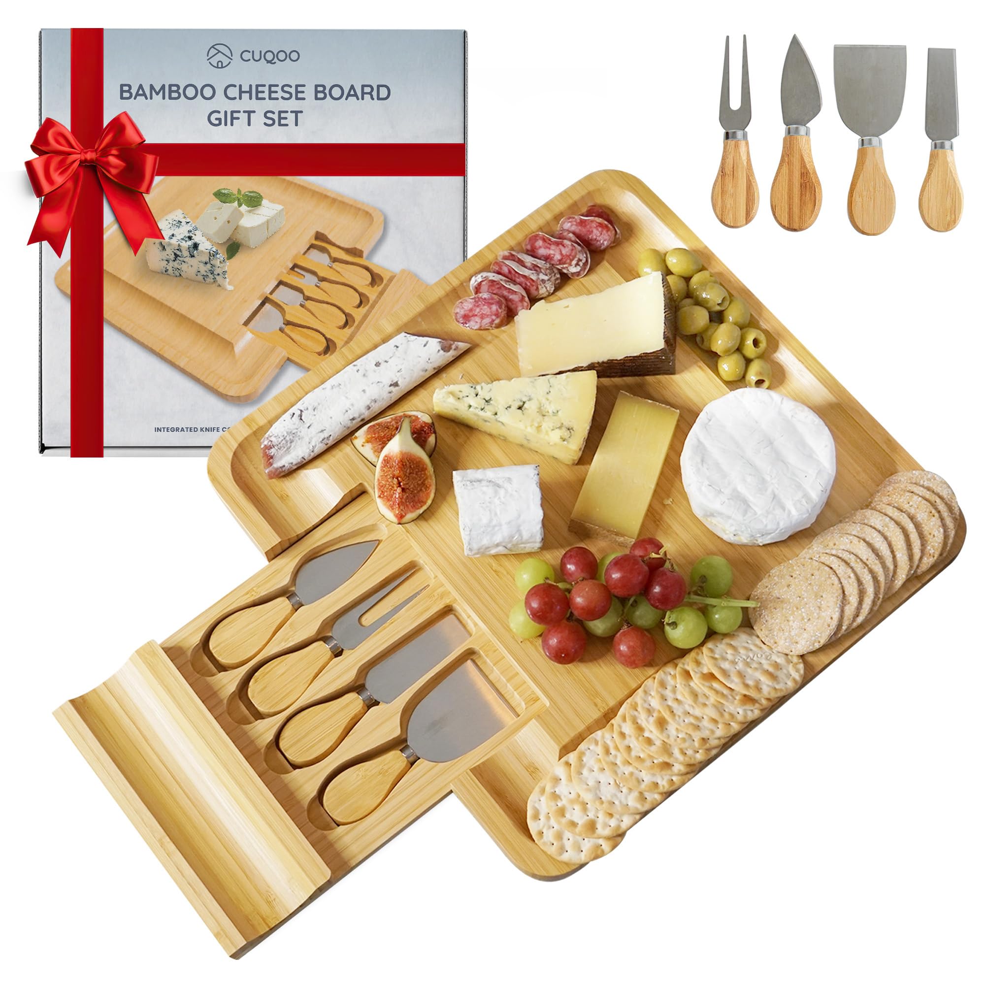 CUQOO Bamboo Cheese Board Set with Drawer & 4 Knives – Large Wooden Charcuterie Board, Cheeseboard Gift Set for Serving, Grazing, Cheese Boards & Knives (Cheese Boards and Knives Gift Set)