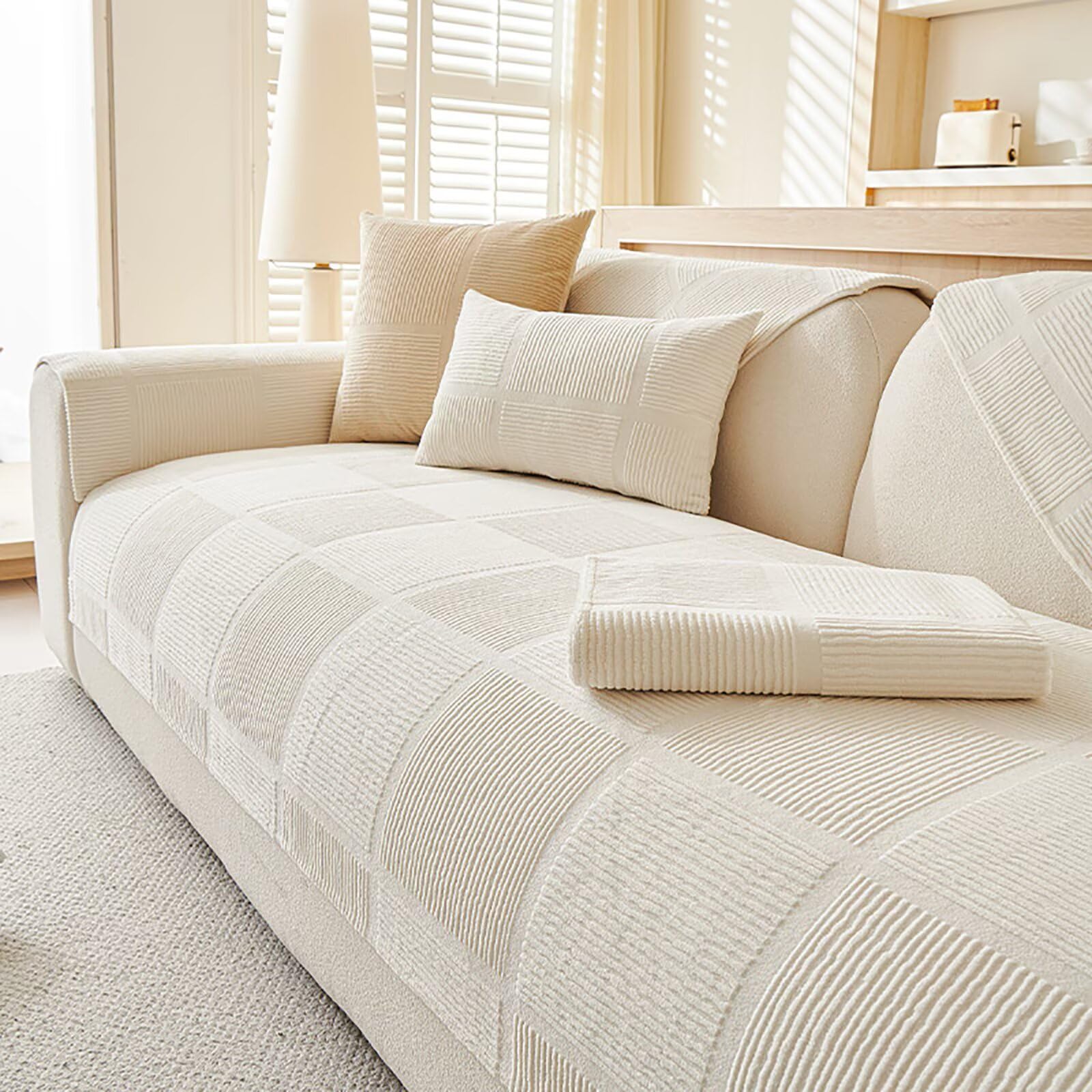 Housse de canapé d'angle crème 90 x 160 cm pour masquer l'usure du tissu