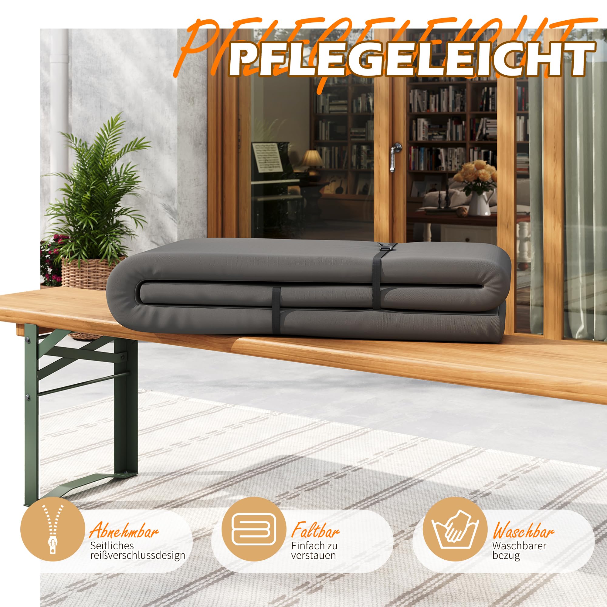 UDPATIO 2er Set Bierbankauflagen mit Bezug 180 x 25 x 4 cm,XL Waschbare auflagen bierzeltgarnitur für Partyzeltgarnitur(Grau, wasserdicht)