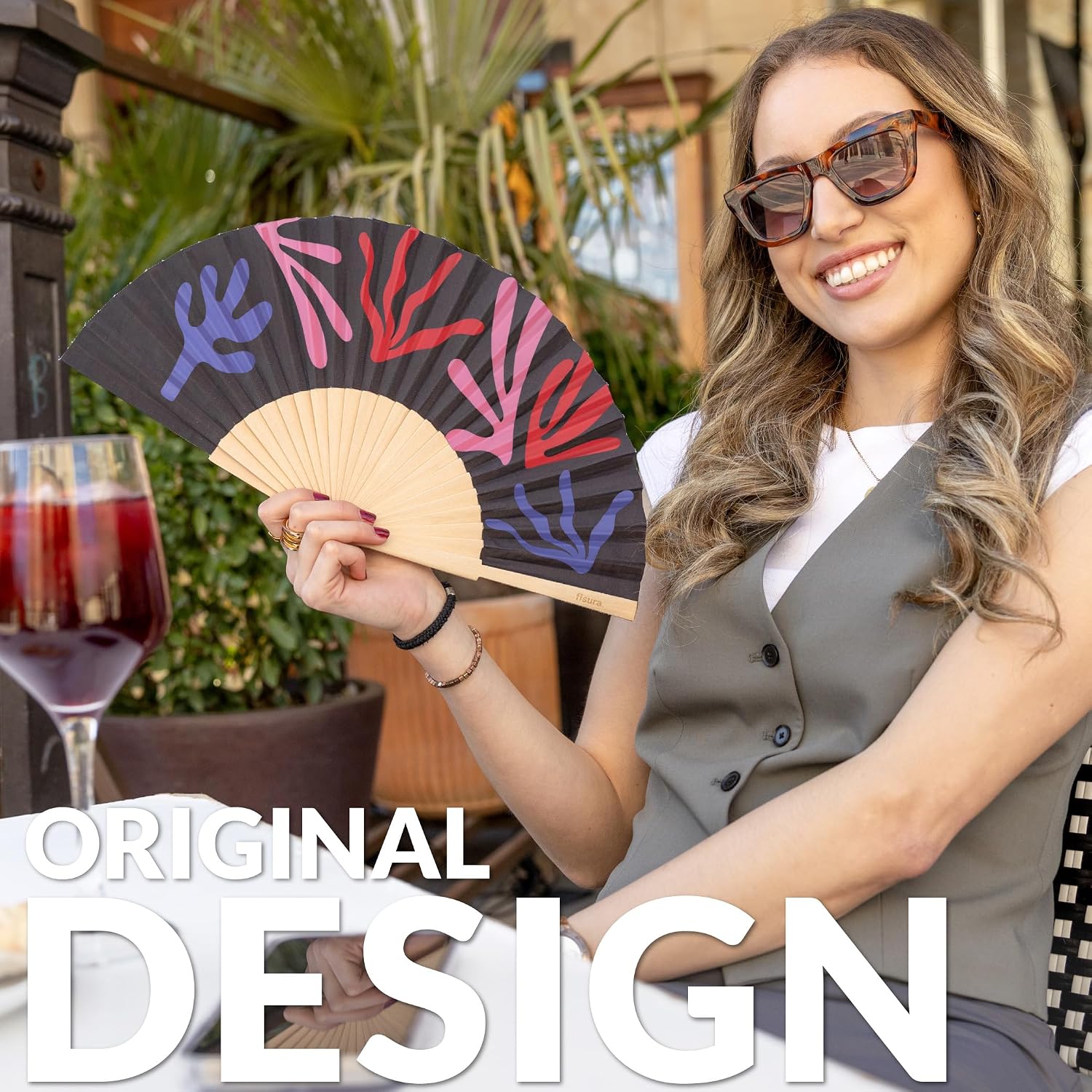 Fisura – Original folding fan with corals print. Black wooden handheld fan for women with hanger. Large 16.7 x 9 in design. Perfect accessory for weddings, raves, parties, festivals and fun gifts.